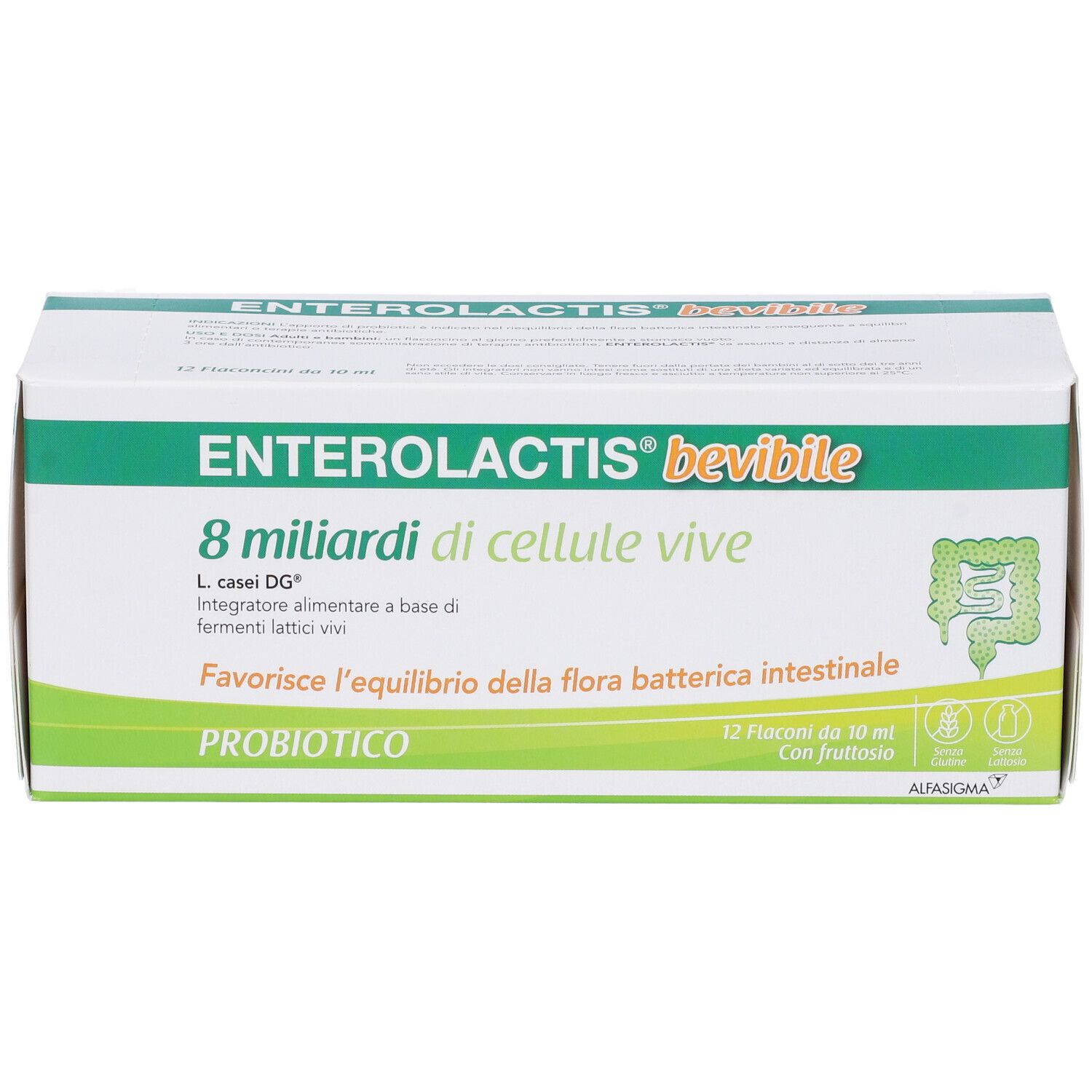 Confezione di Enterolactis bevibile. Contiene 12 flaconcini. Scritta: 8 miliardi di cellule vive. Probiotico.