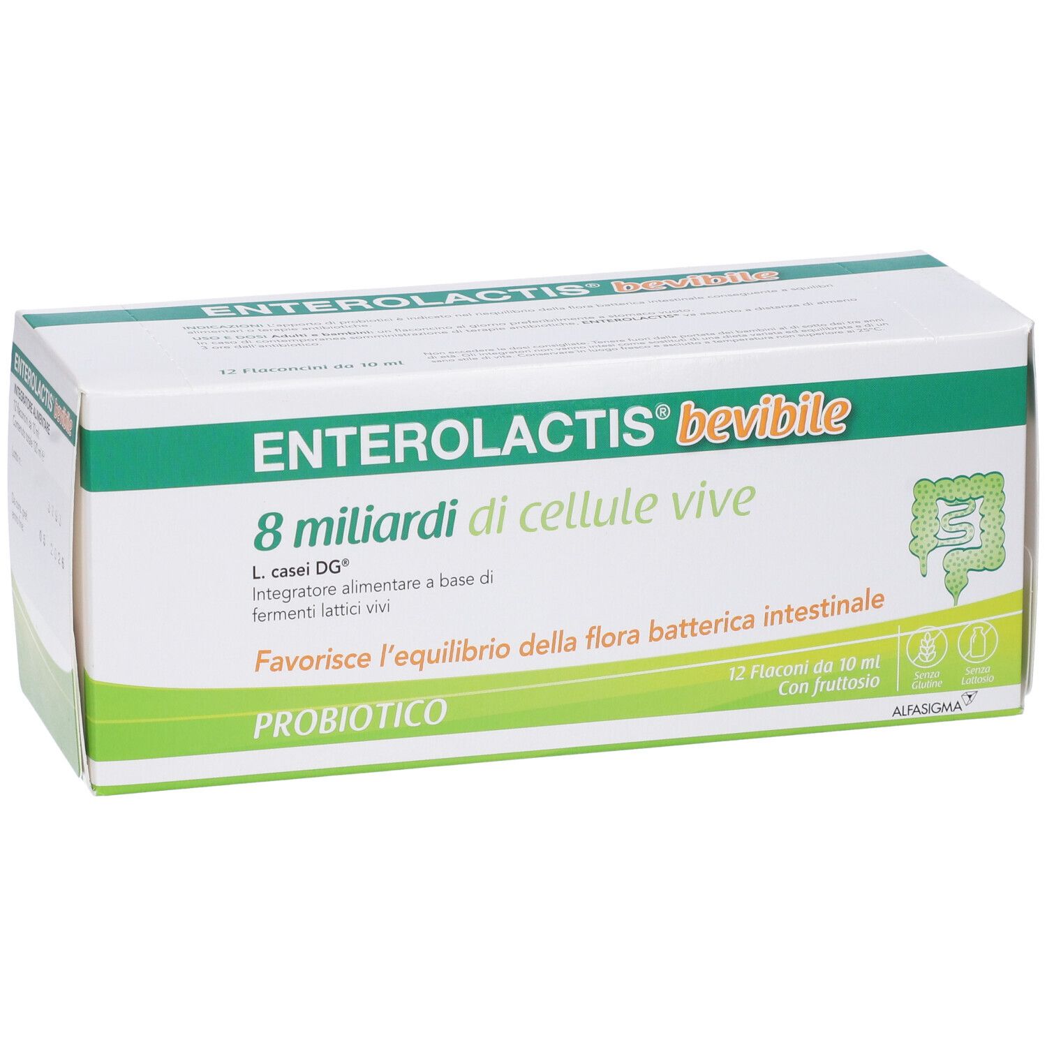 Confezione di Enterolactis bevibile. Contiene 12 flaconcini. Scritta: 8 miliardi di cellule vive. Probiotico.