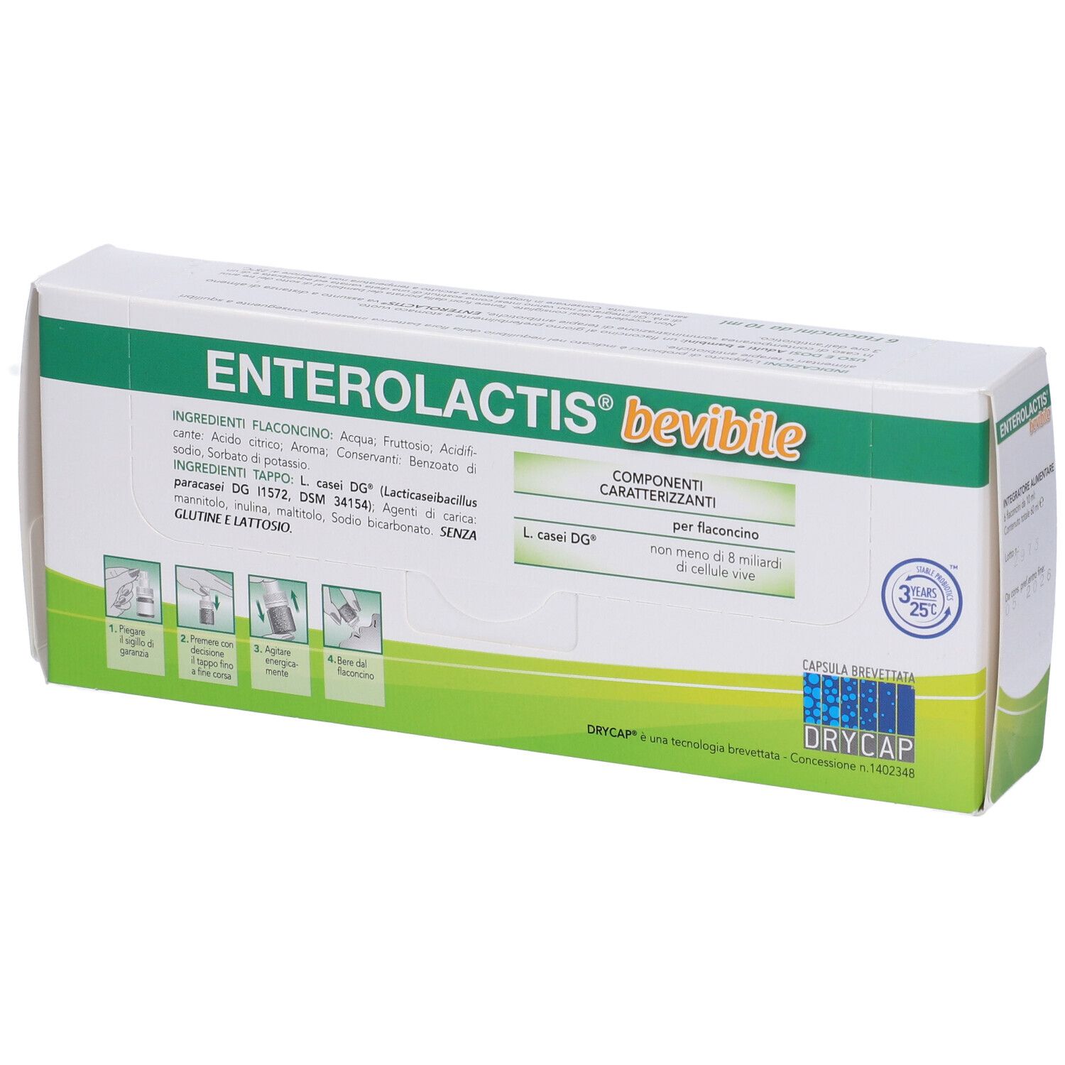 Boîte Enterolactis, ingrédients et composants. 8 milliards de cellules vivantes. 6 flacons.