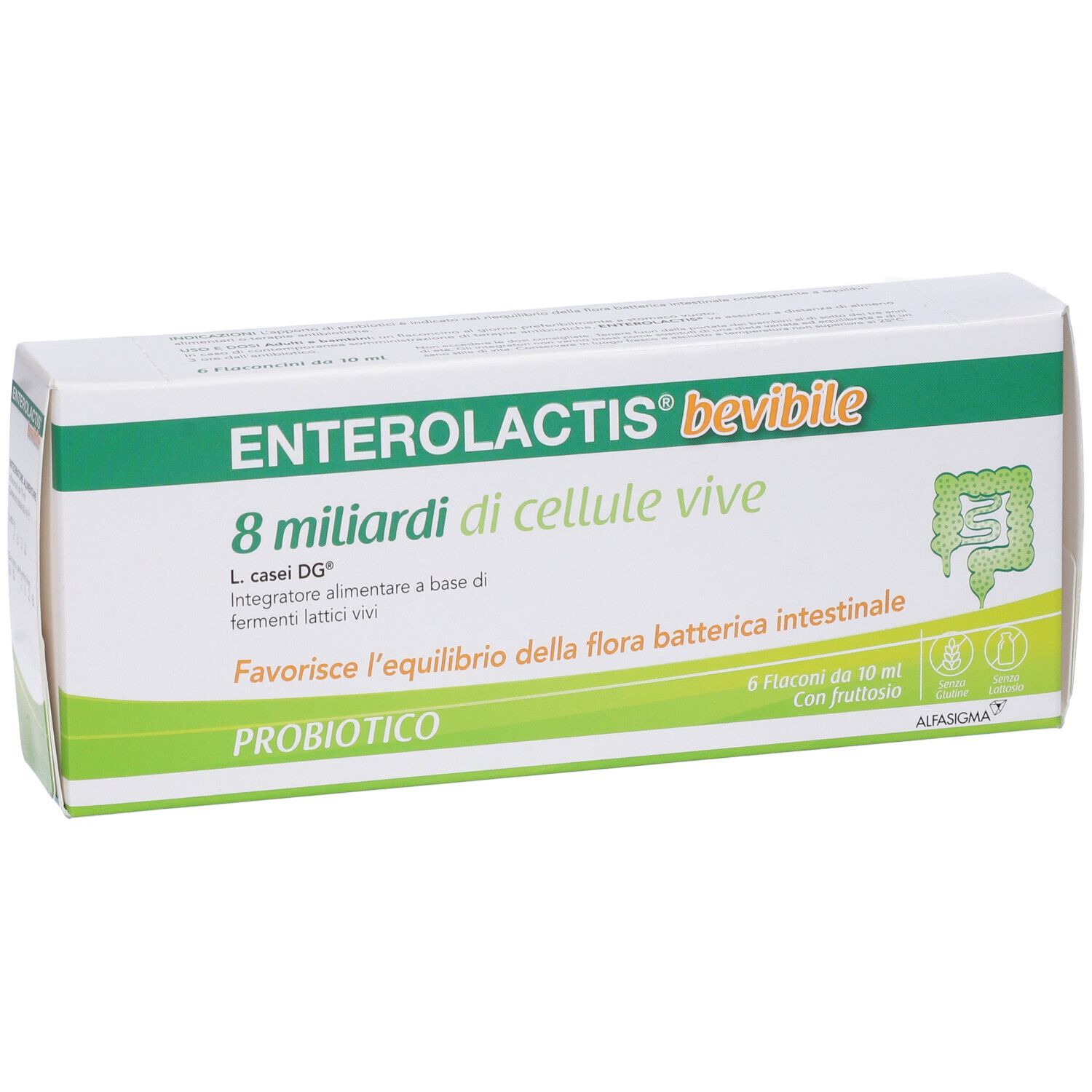 Boîte d'Enterolactis, 8 milliards de cellules vivantes. Contient 6 flacons. Probiotique.