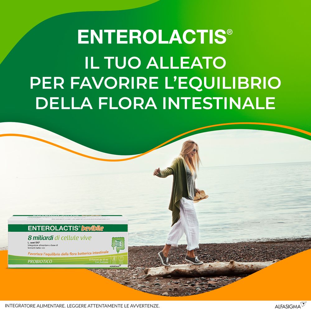 Image publicitaire avec emballage Enterolactis. Femme sur la plage. Texte : Favorise l'équilibre de la flore intestinale.