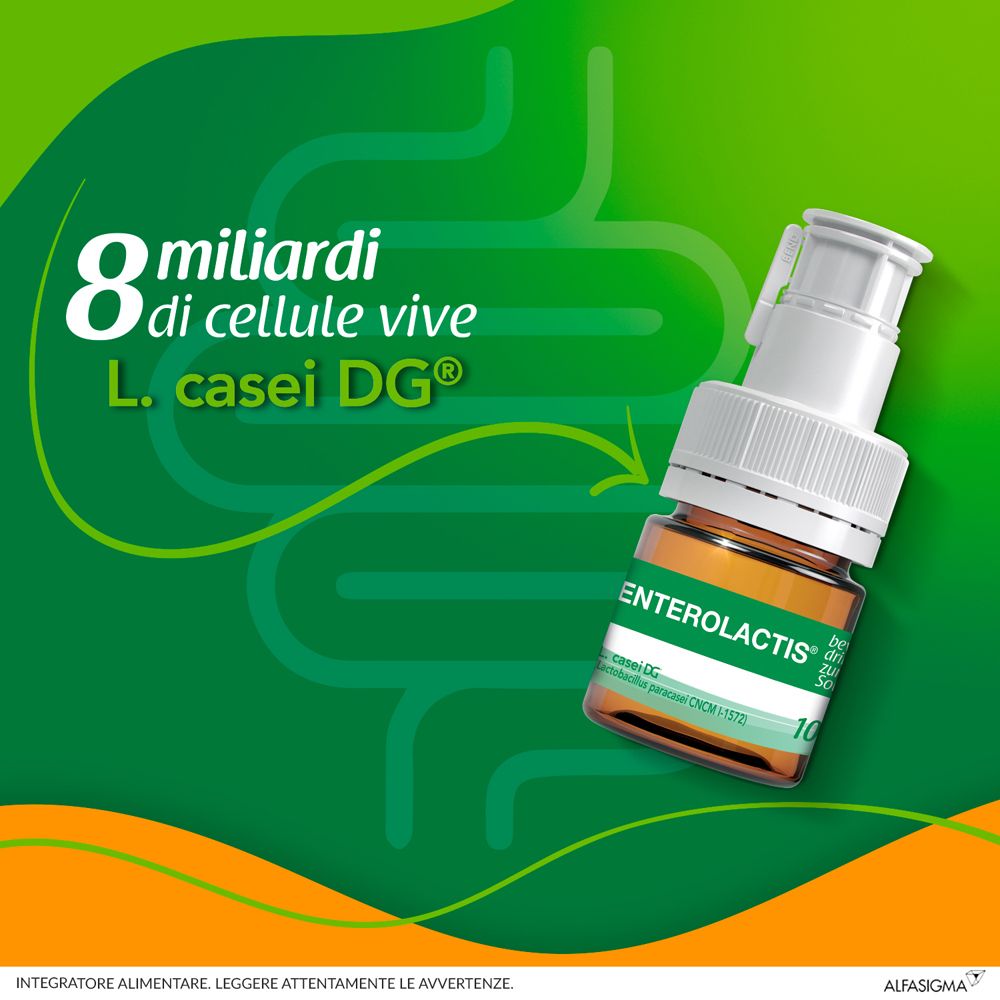Flacon brun Enterolactis avec bouchon blanc. 8 milliards de cellules vivantes. Fond vert.
