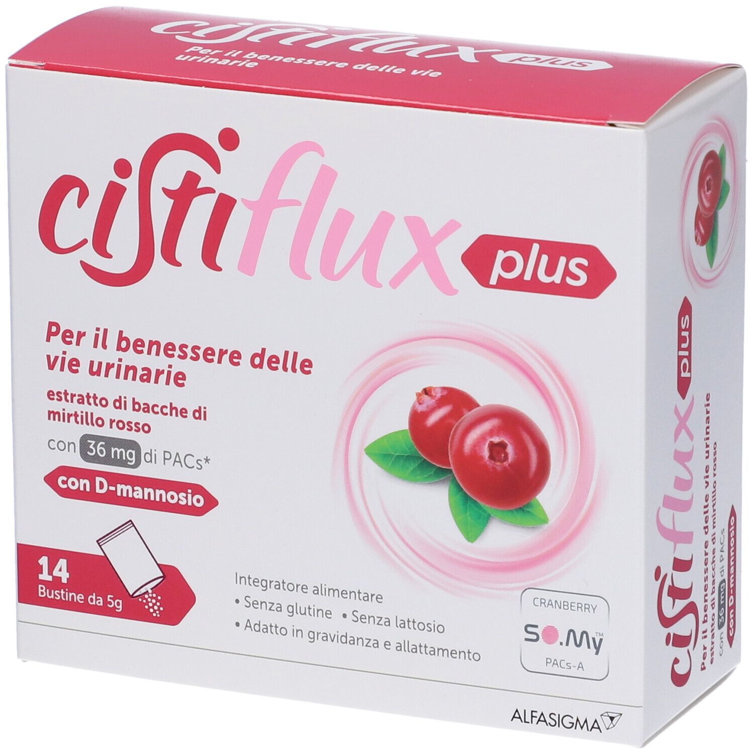 Confezione Cistiflux plus. Stampa con nome prodotto, immagine mirtilli rossi e informazioni. 14 bustine.