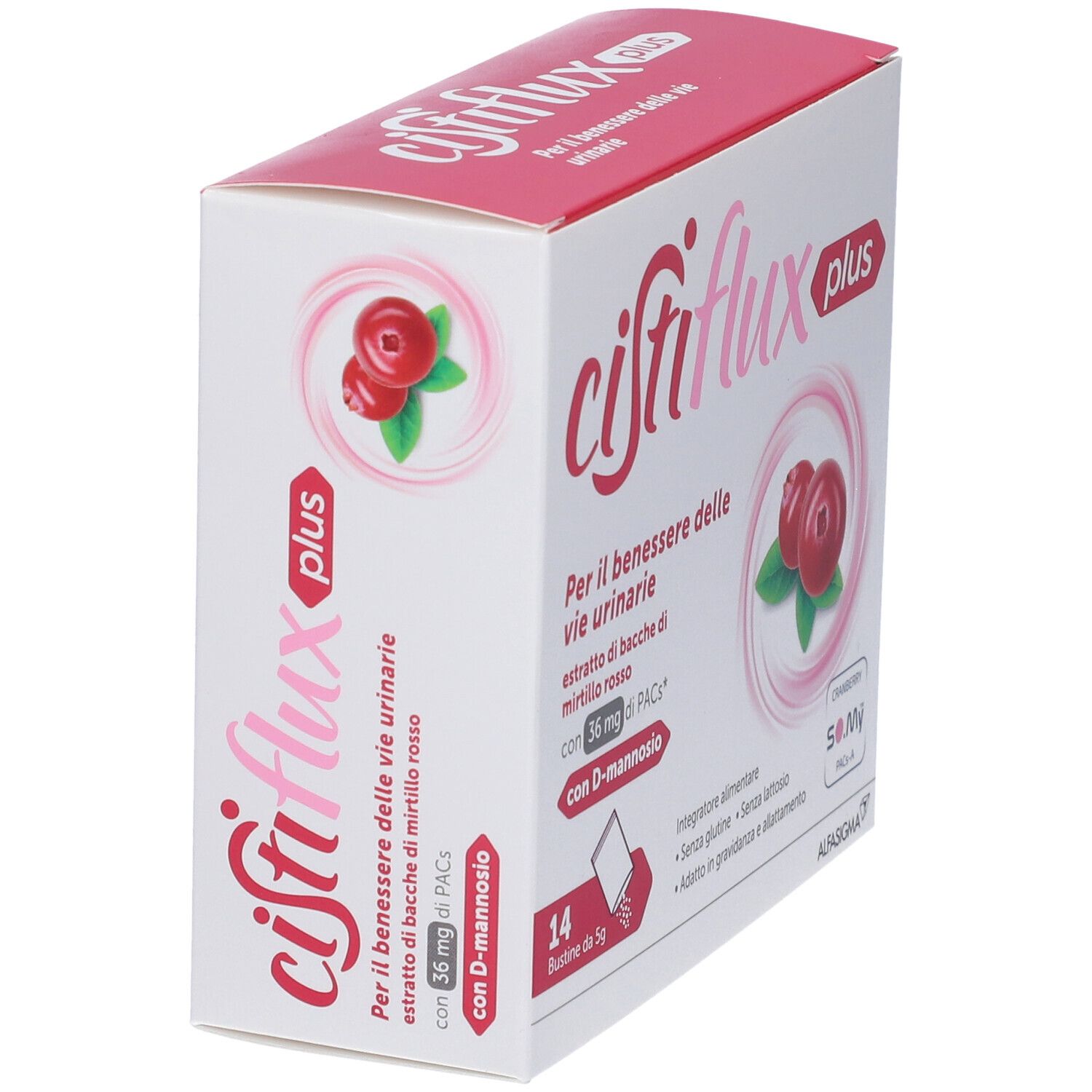 Confezione Cistiflux plus. Stampa con nome prodotto, immagine mirtilli rossi e informazioni. Vista obliqua.