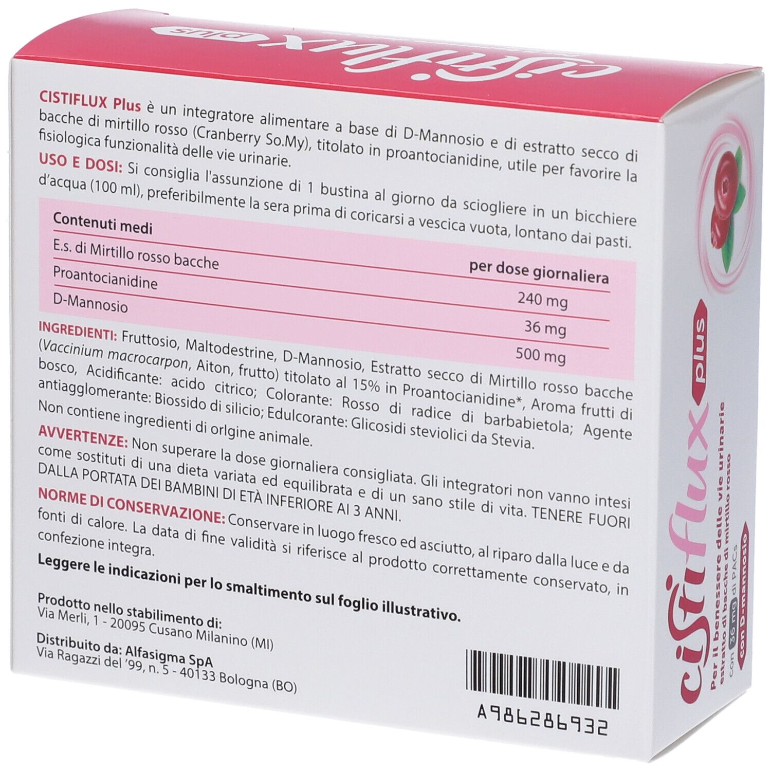 Retro della confezione Cistiflux plus. Informazioni su ingredienti, uso e avvertenze.