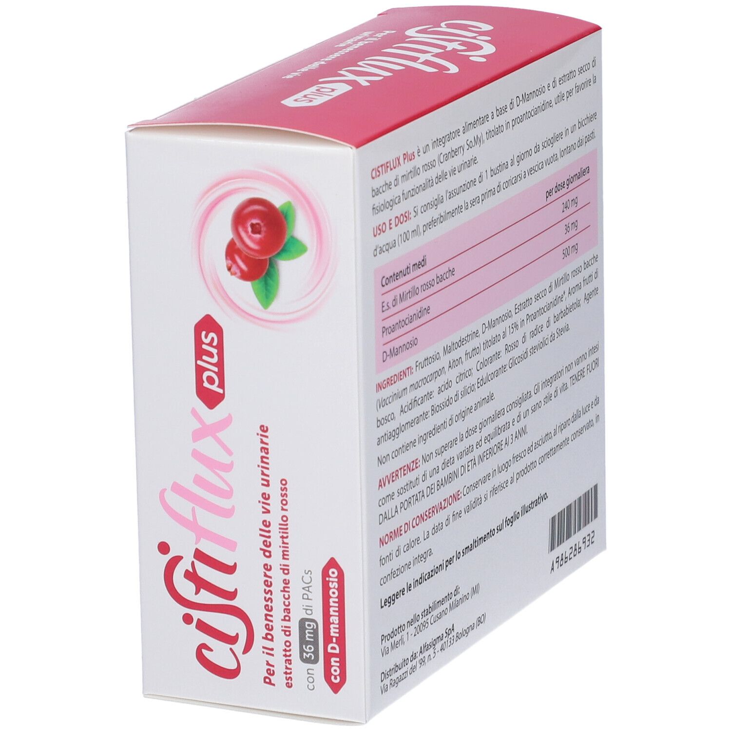 Confezione Cistiflux plus. Stampa con nome prodotto, immagine mirtilli rossi e informazioni. Vista obliqua.