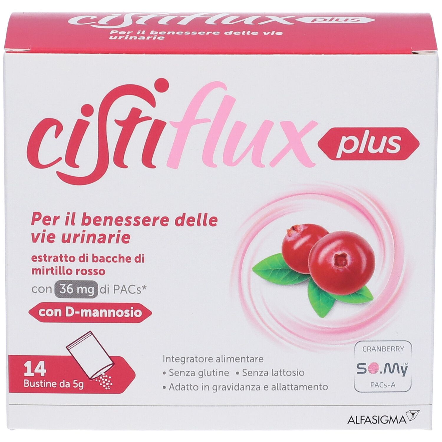 Confezione Cistiflux plus. Stampa con nome prodotto, immagine mirtilli rossi e informazioni. 14 bustine.