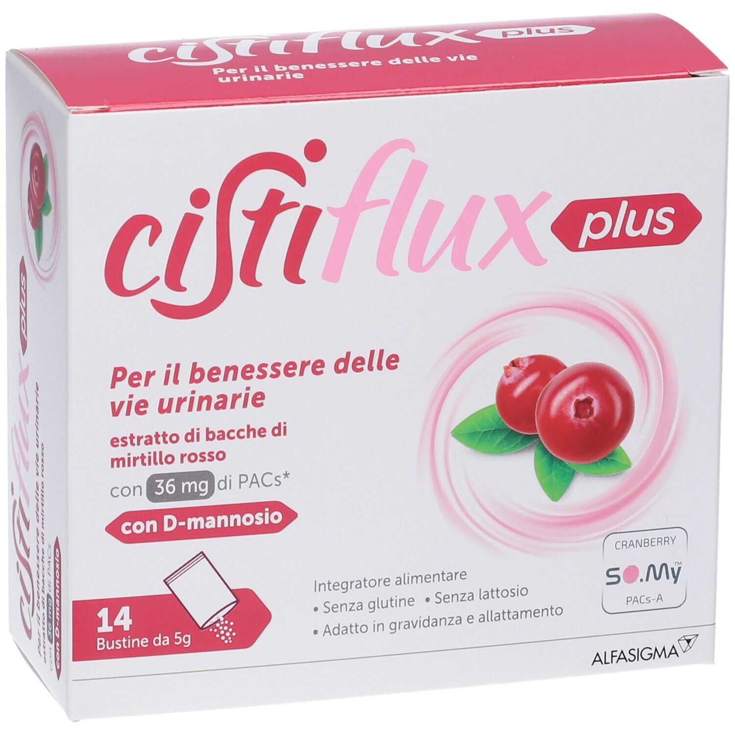Confezione Cistiflux plus. Stampa con nome prodotto, immagine mirtilli rossi e informazioni. 14 bustine.