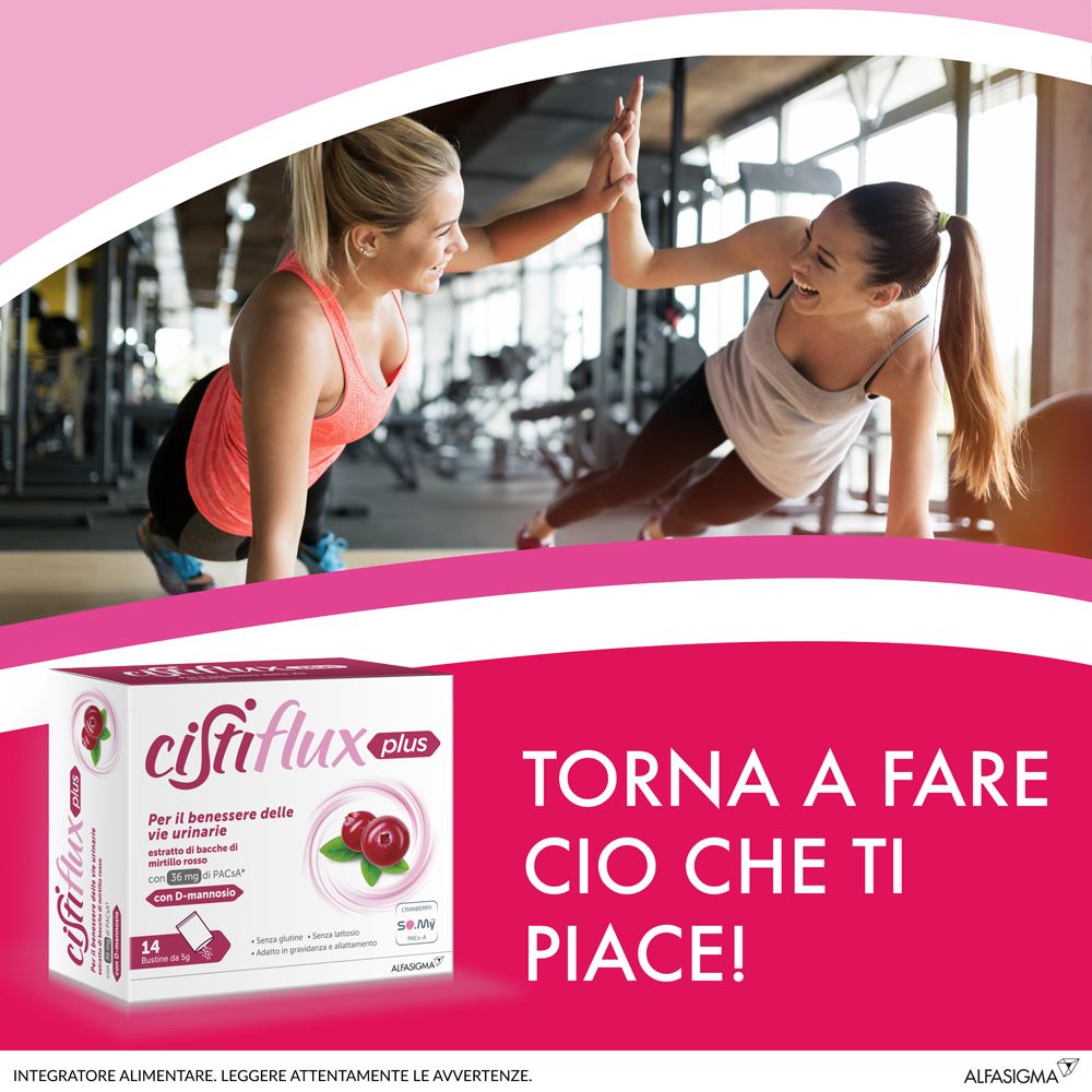 Pubblicità con due donne che si battono il cinque e confezione Cistiflux plus. Testo: « TORNA A FARE CIO CHE TI PIACE! »