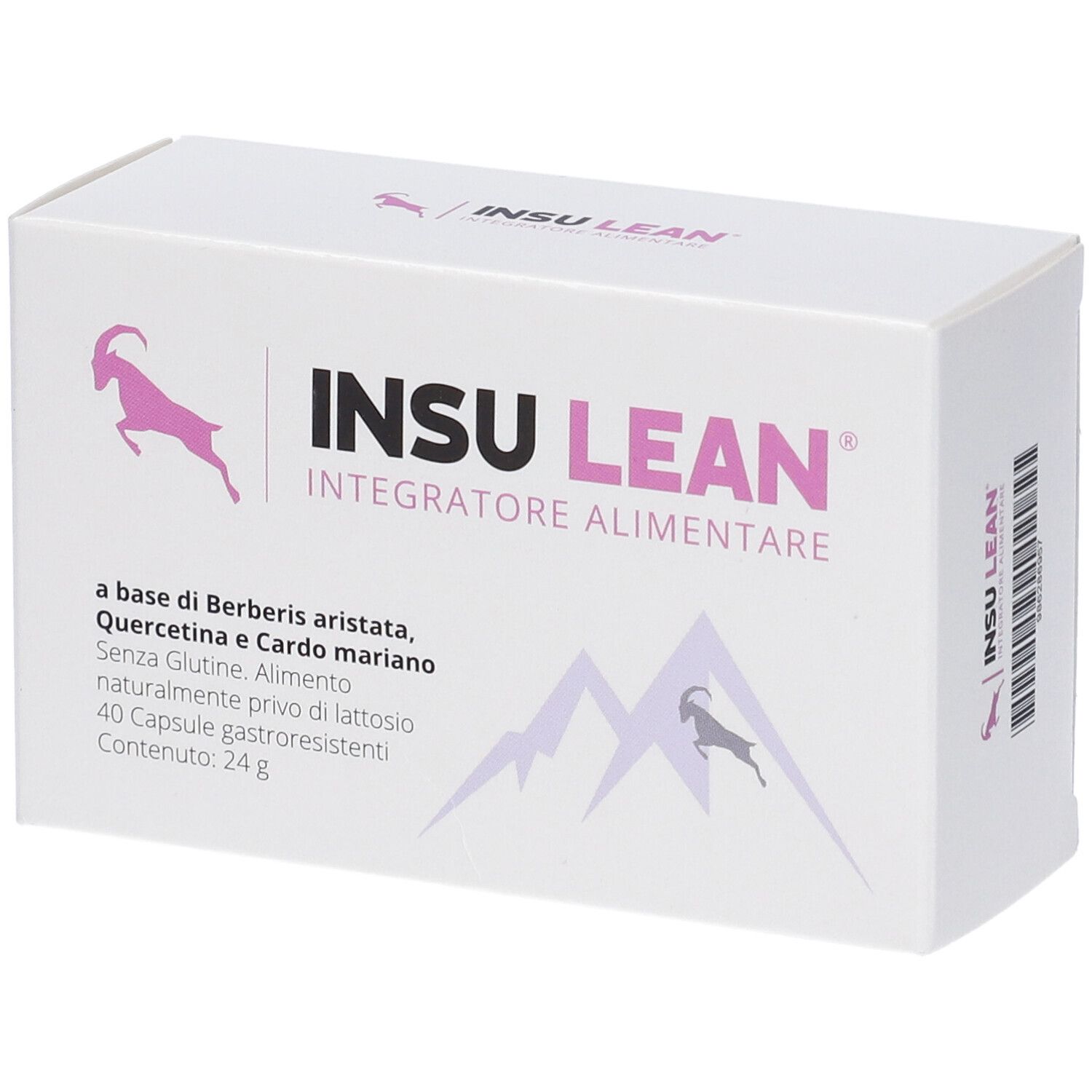 Scatola bianca con logo e testo rosa. Contiene Insu Lean, integratore alimentare. 40 capsule. Vista angolata.