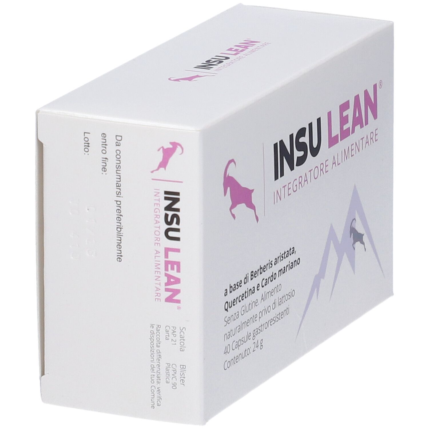 Scatola bianca con logo e testo rosa. Contiene Insu Lean, integratore alimentare. 40 capsule. Vista angolata.