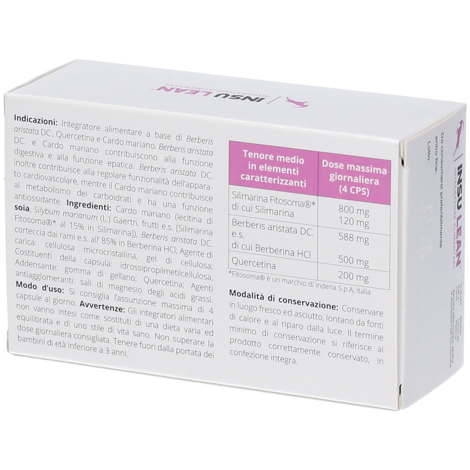 Scatola bianca con logo e testo rosa. Contiene Insu Lean, integratore alimentare. 40 capsule. Retro con informazioni.