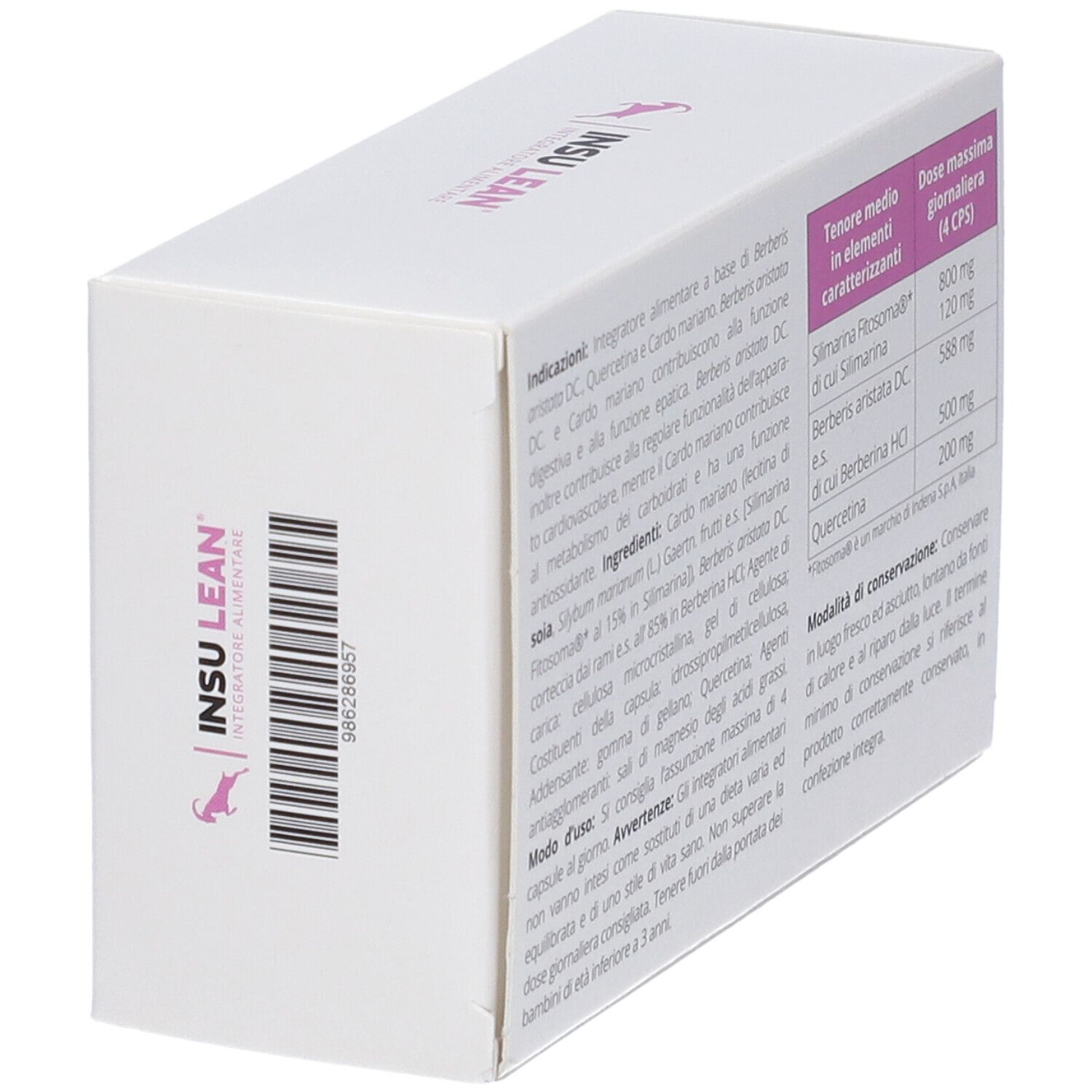 Scatola bianca con logo e testo rosa. Contiene Insu Lean, integratore alimentare. 40 capsule. Retro con informazioni.