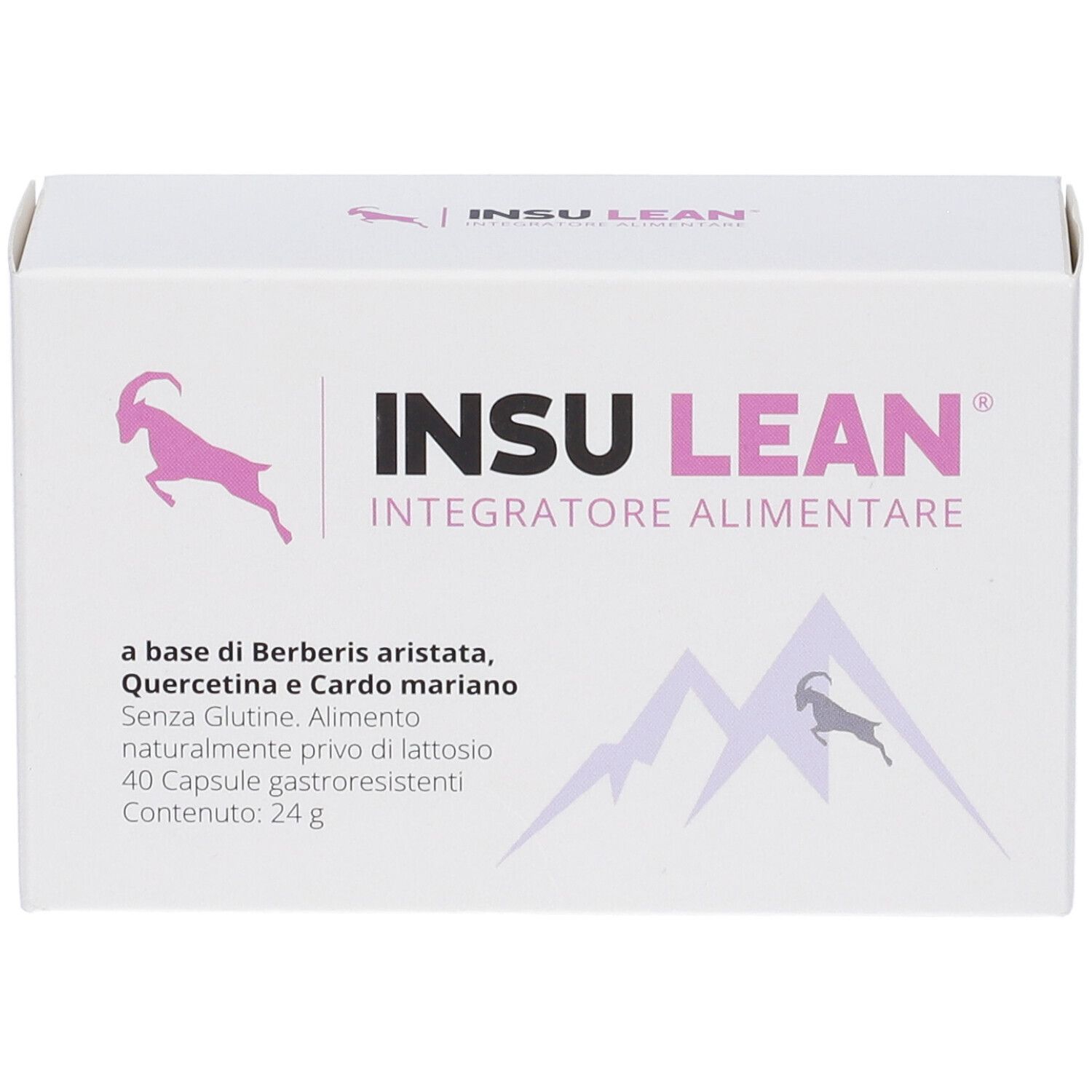 Scatola bianca con logo e testo rosa. Contiene Insu Lean, integratore alimentare. 40 capsule. Vista angolata.