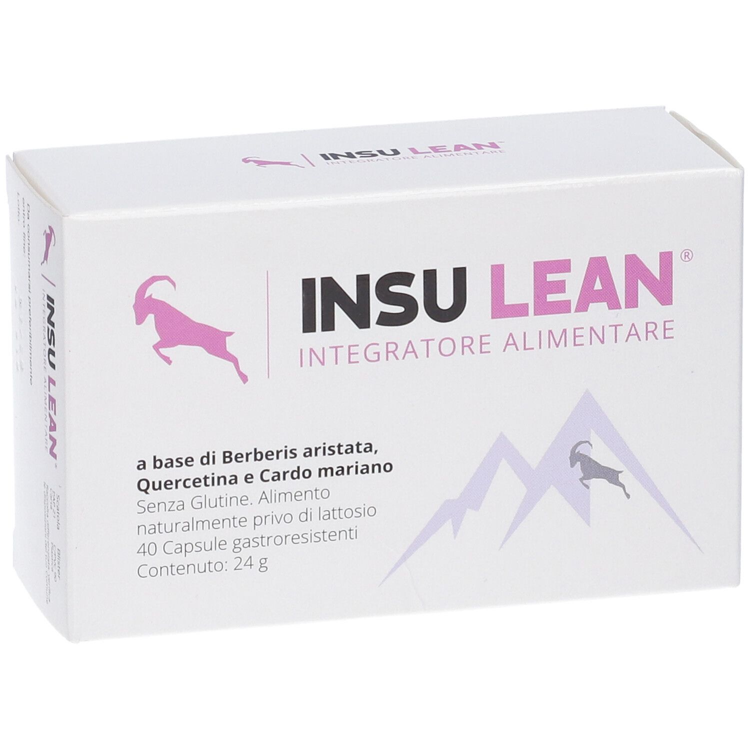 Scatola bianca con logo e testo rosa. Contiene Insu Lean, integratore alimentare. 40 capsule. Vista angolata.