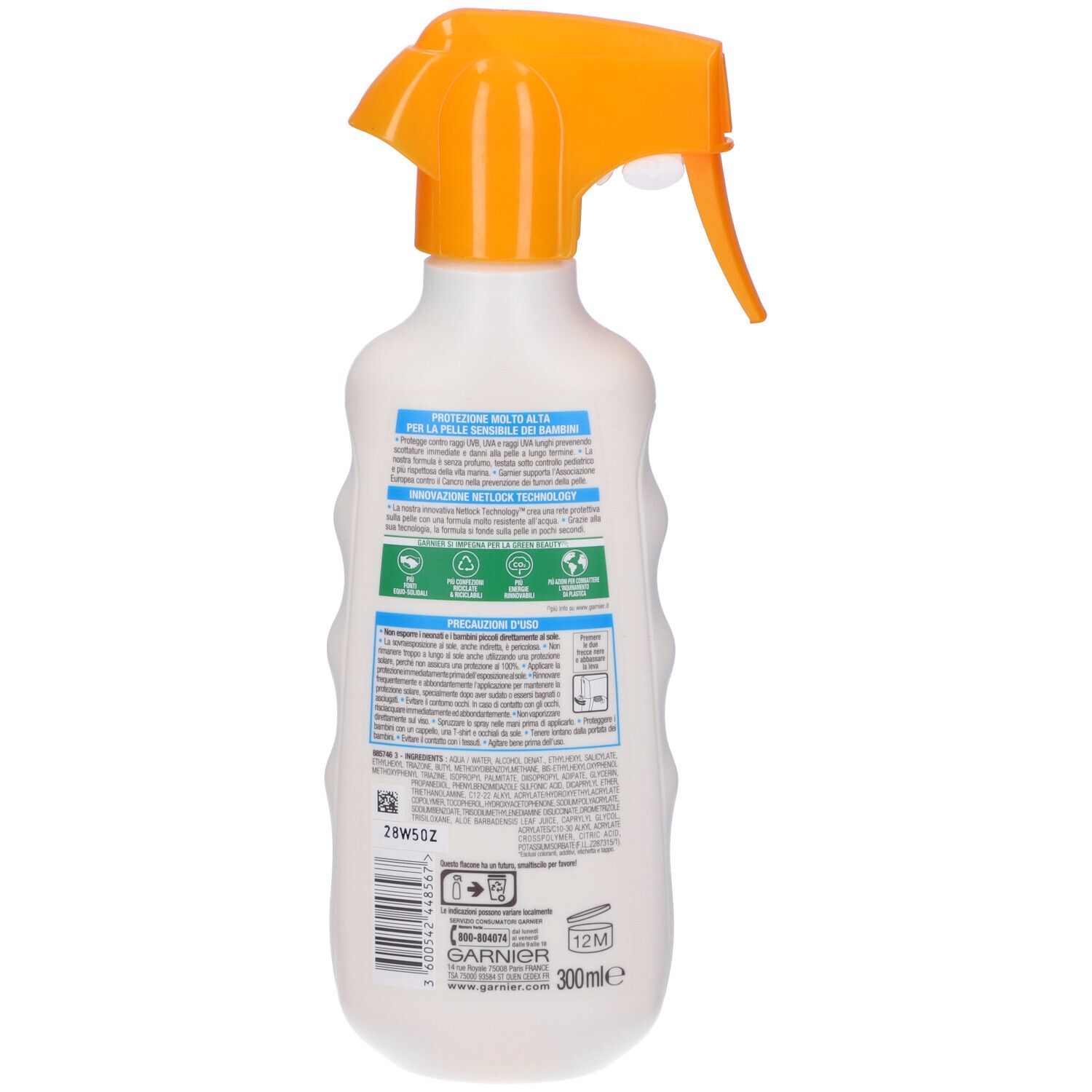 Retro del flacone spray solare. Testo e loghi. Contiene informazioni sugli ingredienti e certificazioni.