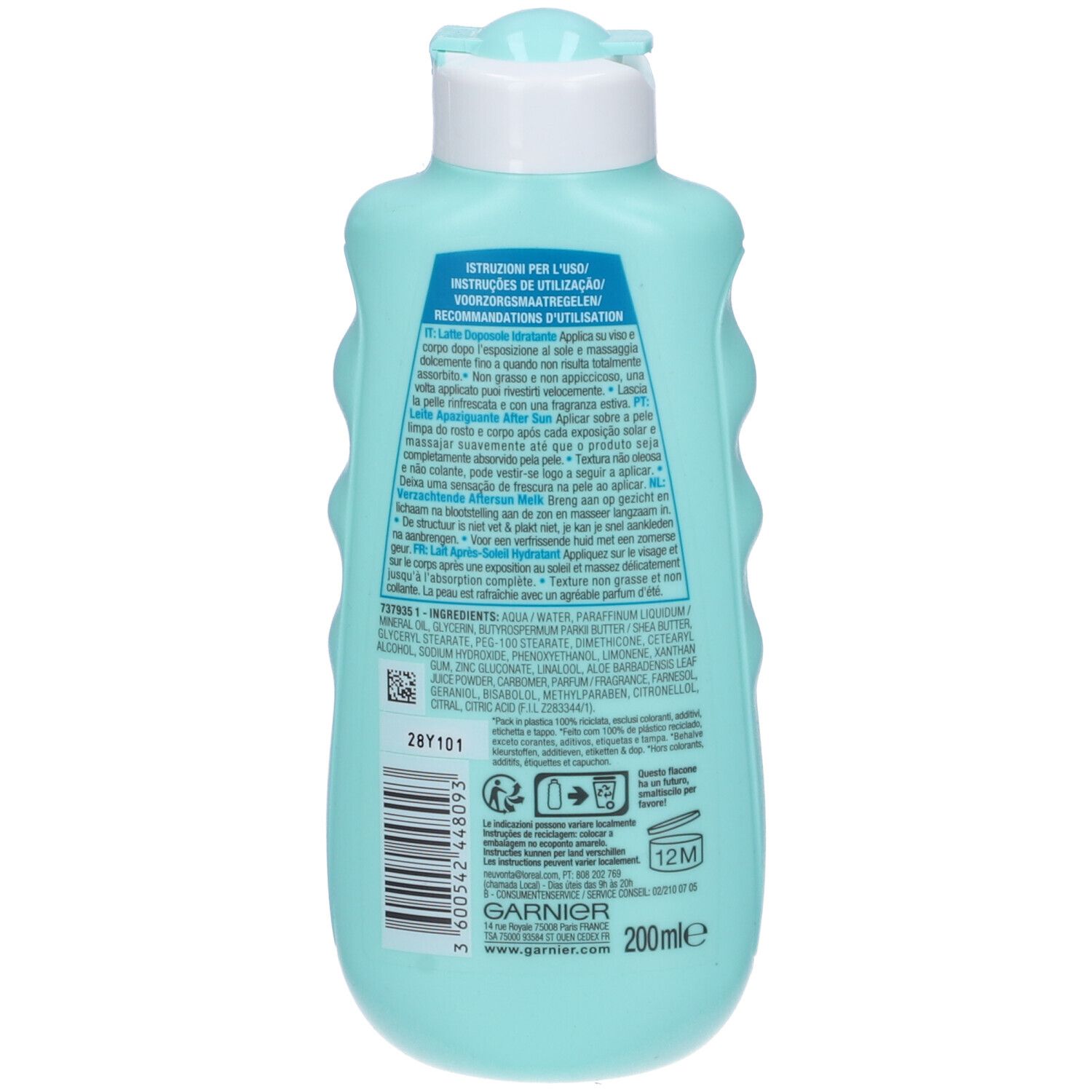 Retro del flacone turchese Garnier Ambre Solaire Aftersun. Testo e ingredienti. 200ml. Simbolo 12M.