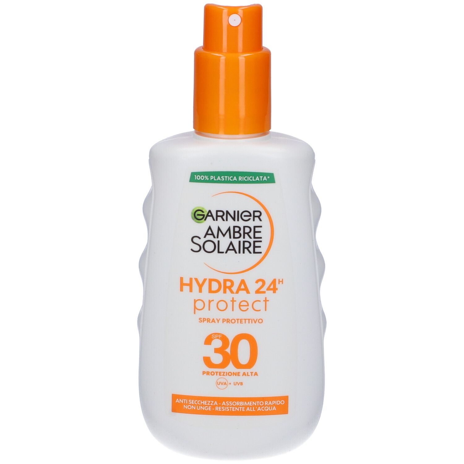 Flacone bianco con erogatore arancione. Testo: Garnier Ambre Solaire Hydra 24 Protect SPF 30. Protezione UVA/UVB.