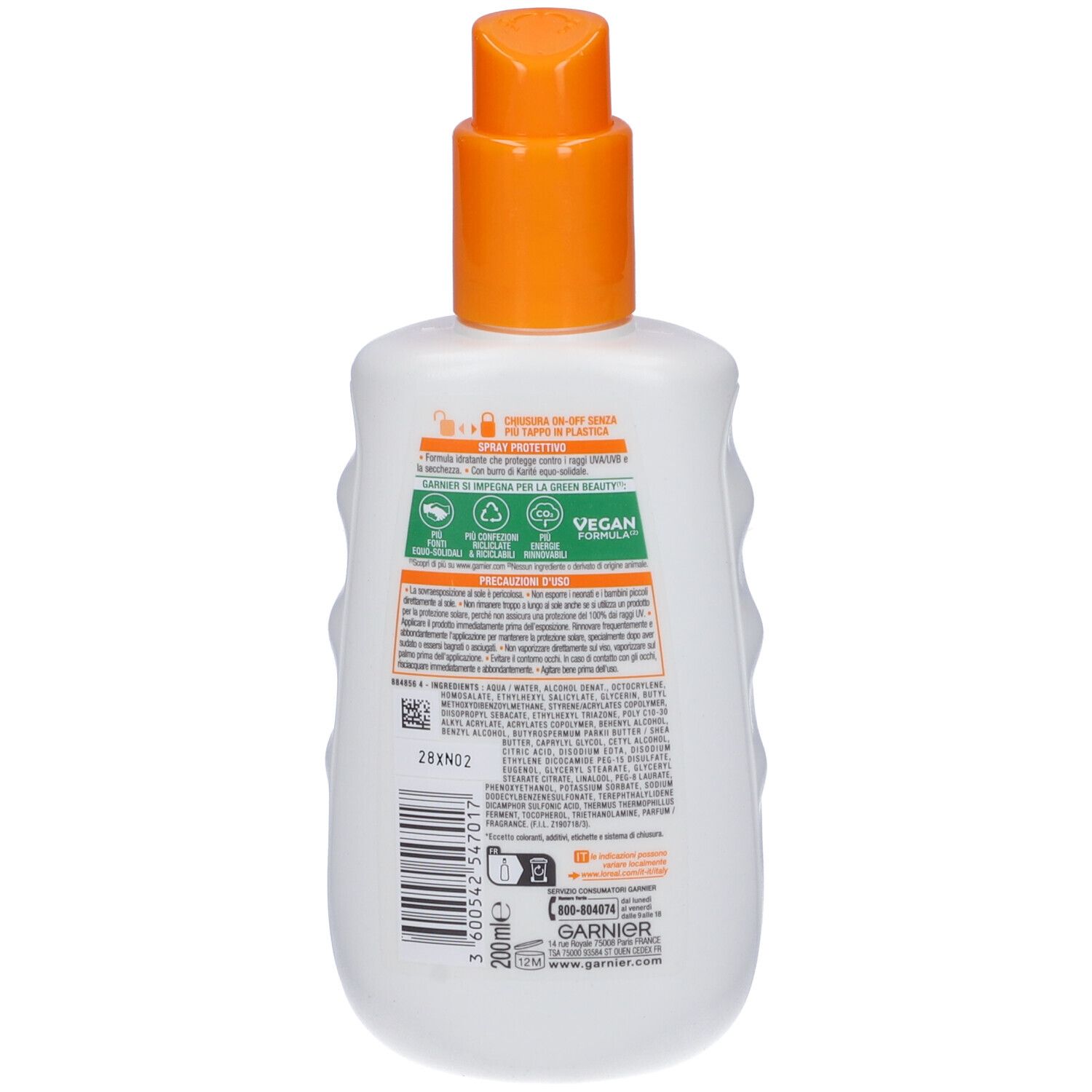Retro del flacone bianco con erogatore arancione. Testo e informazioni su ingredienti e certificazioni.