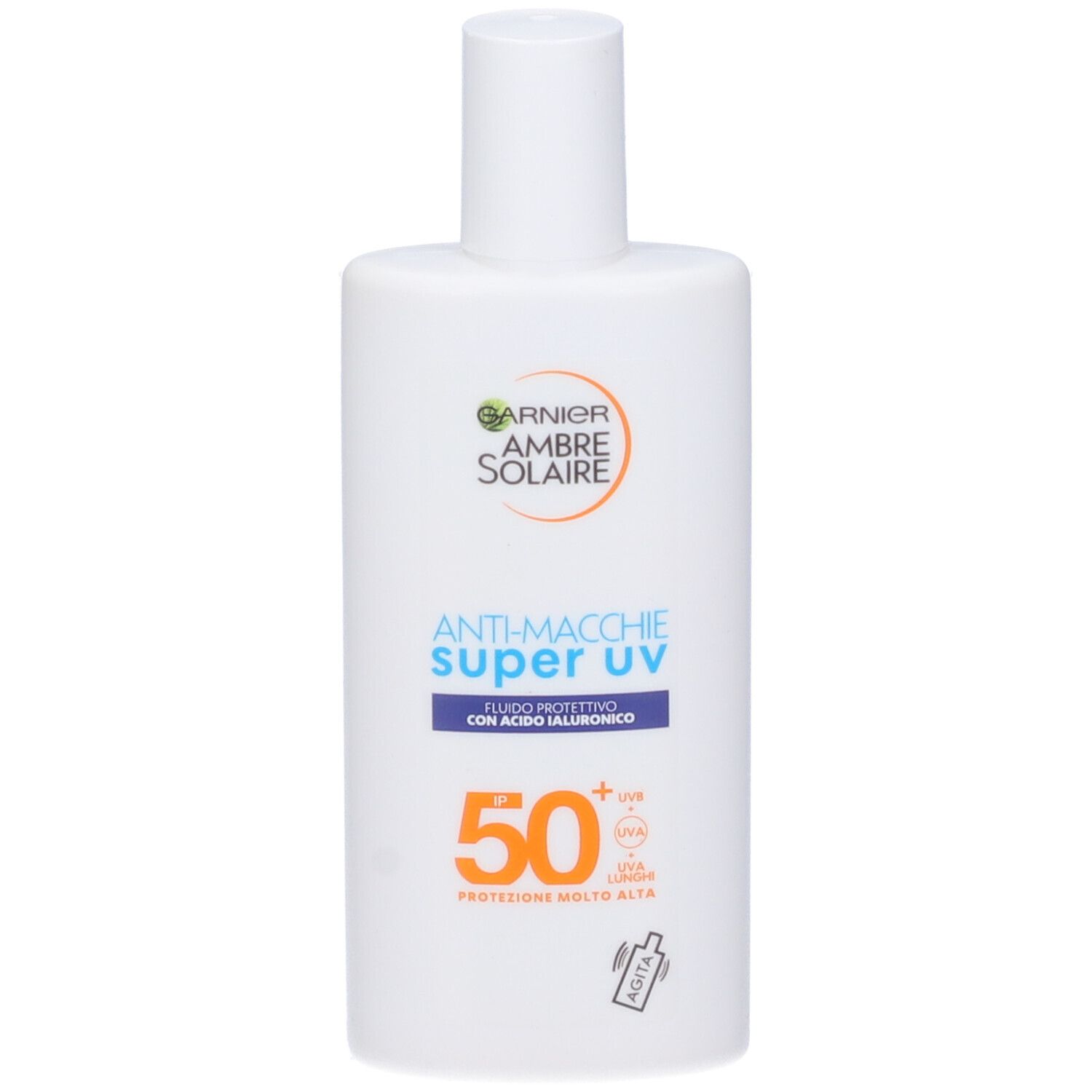 Flacone bianco Garnier Ambre Solaire Super UV Anti-Macchie SPF50+. 50 arancione. Testo in italiano.