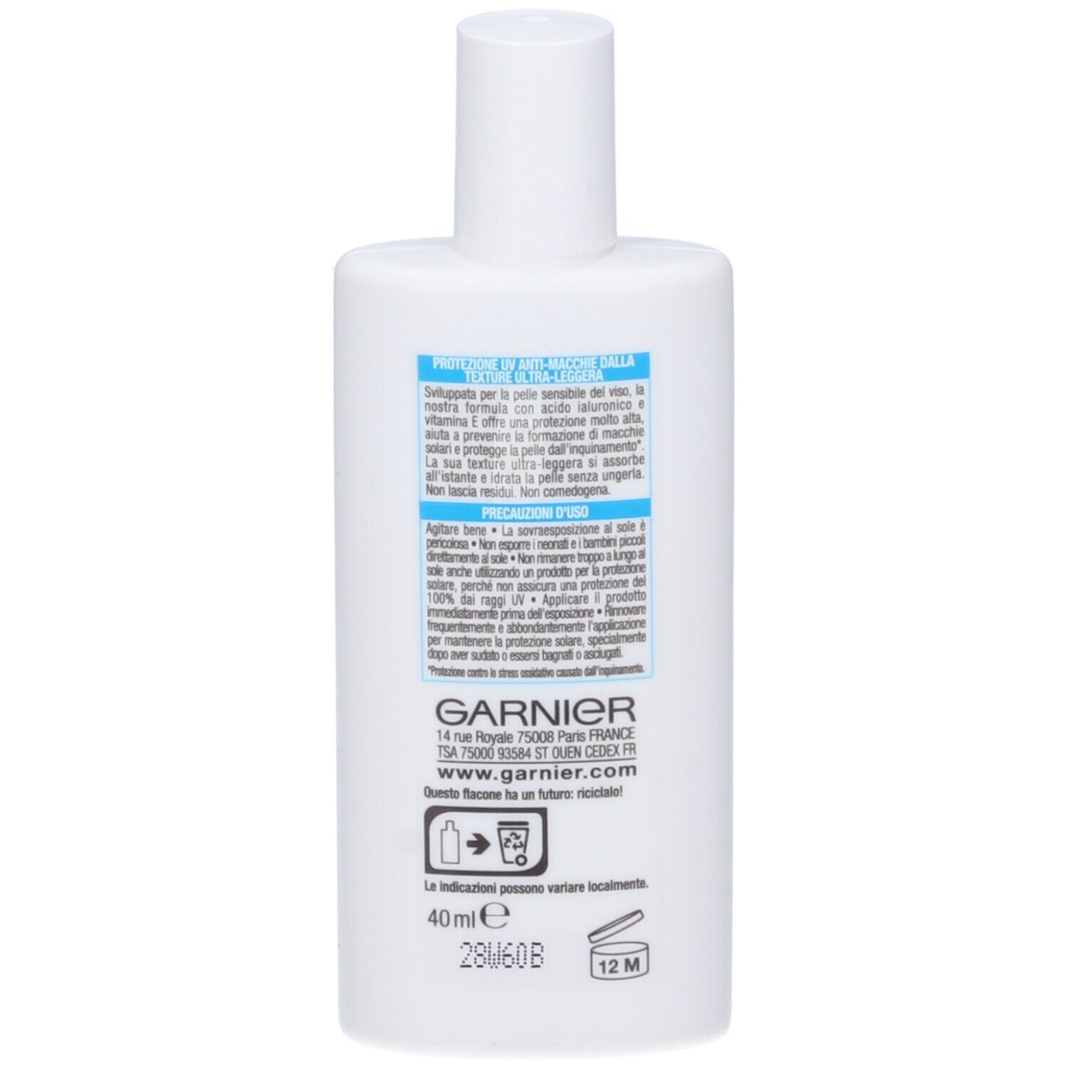 Retro del flacone bianco Garnier Ambre Solaire. Testo in italiano. Simboli di riciclaggio e 40ml.