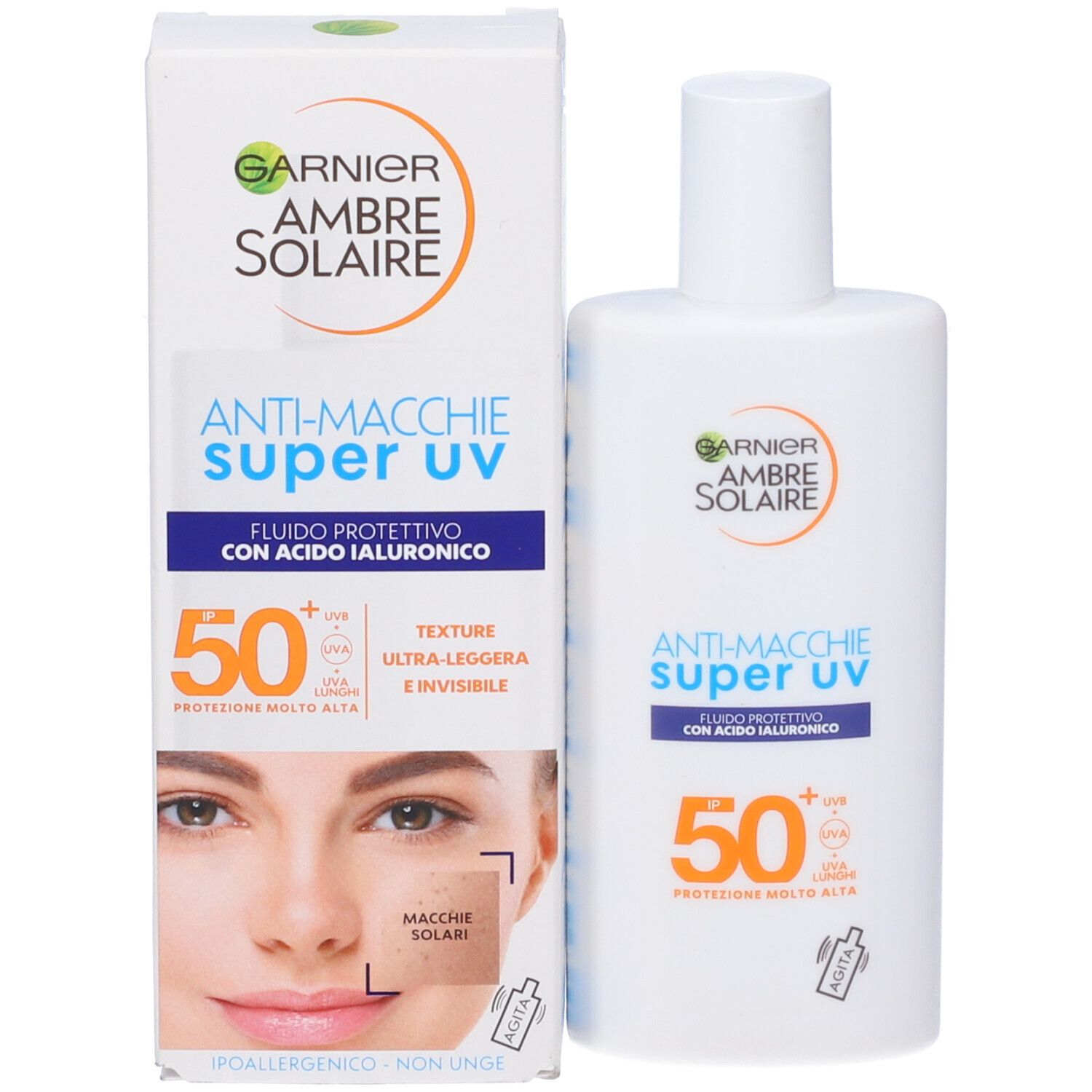 Garnier Ambre Solaire Super UV Anti-Macchie SPF50+ flacone e confezione. Volto di donna. Testo in italiano.