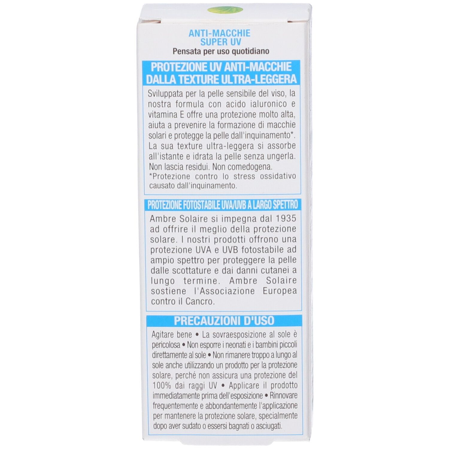 Retro della confezione Garnier Ambre Solaire. Testo in italiano. Precauzioni e ingredienti.