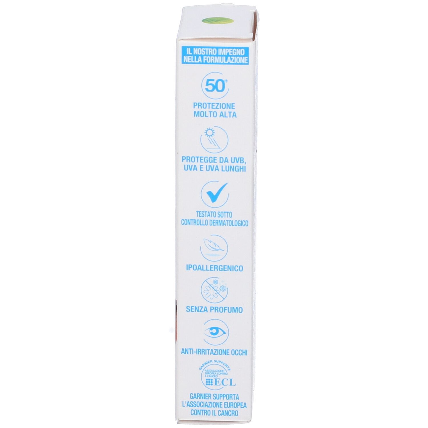 Lato della confezione Garnier Ambre Solaire. Testo in italiano. Loghi e certificazioni.