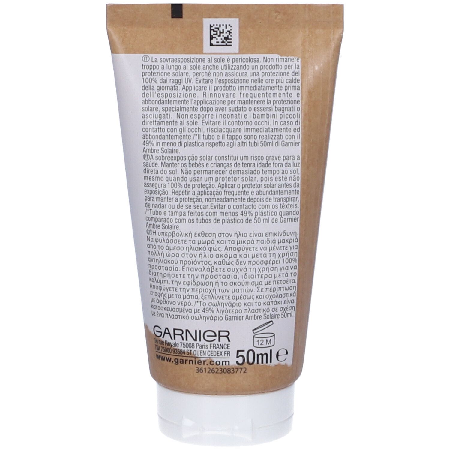 Retro del tubo di crema solare Garnier Ambre Solaire. Contiene informazioni e ingredienti.