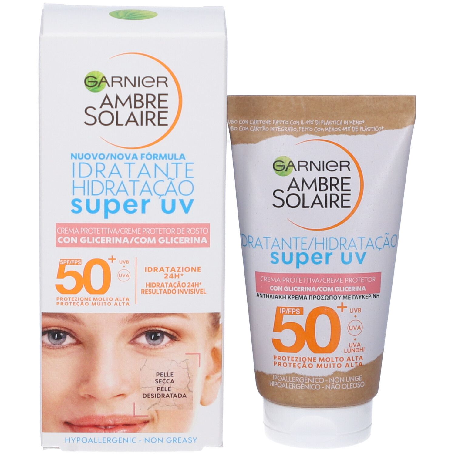 Tubo e confezione di crema solare Garnier Ambre Solaire. SPF 50. Scritta: 'Super UV'.