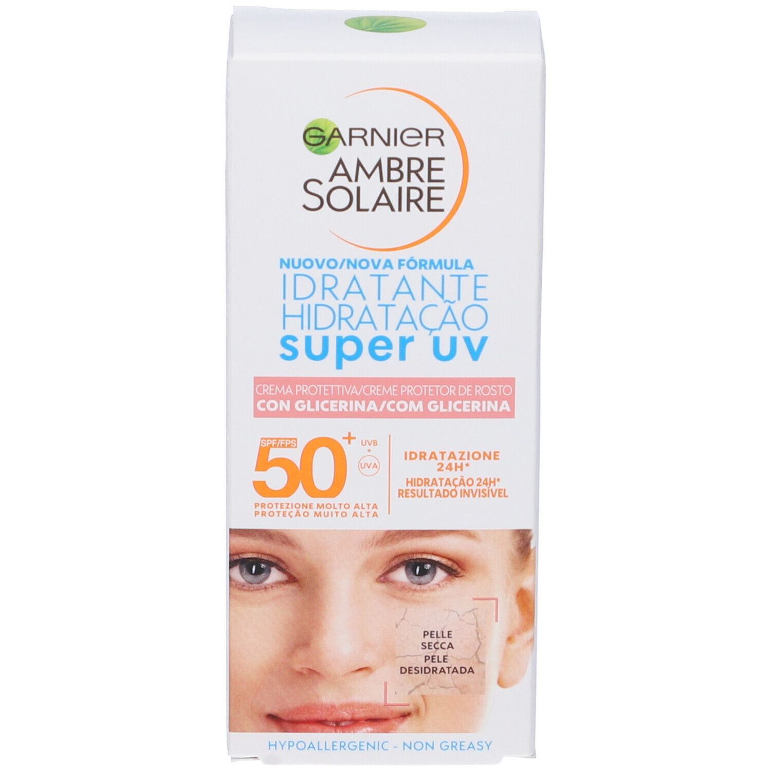 Confezione di crema solare Garnier Ambre Solaire. SPF 50. Scritta: 'Super UV'. Viso raffigurato.