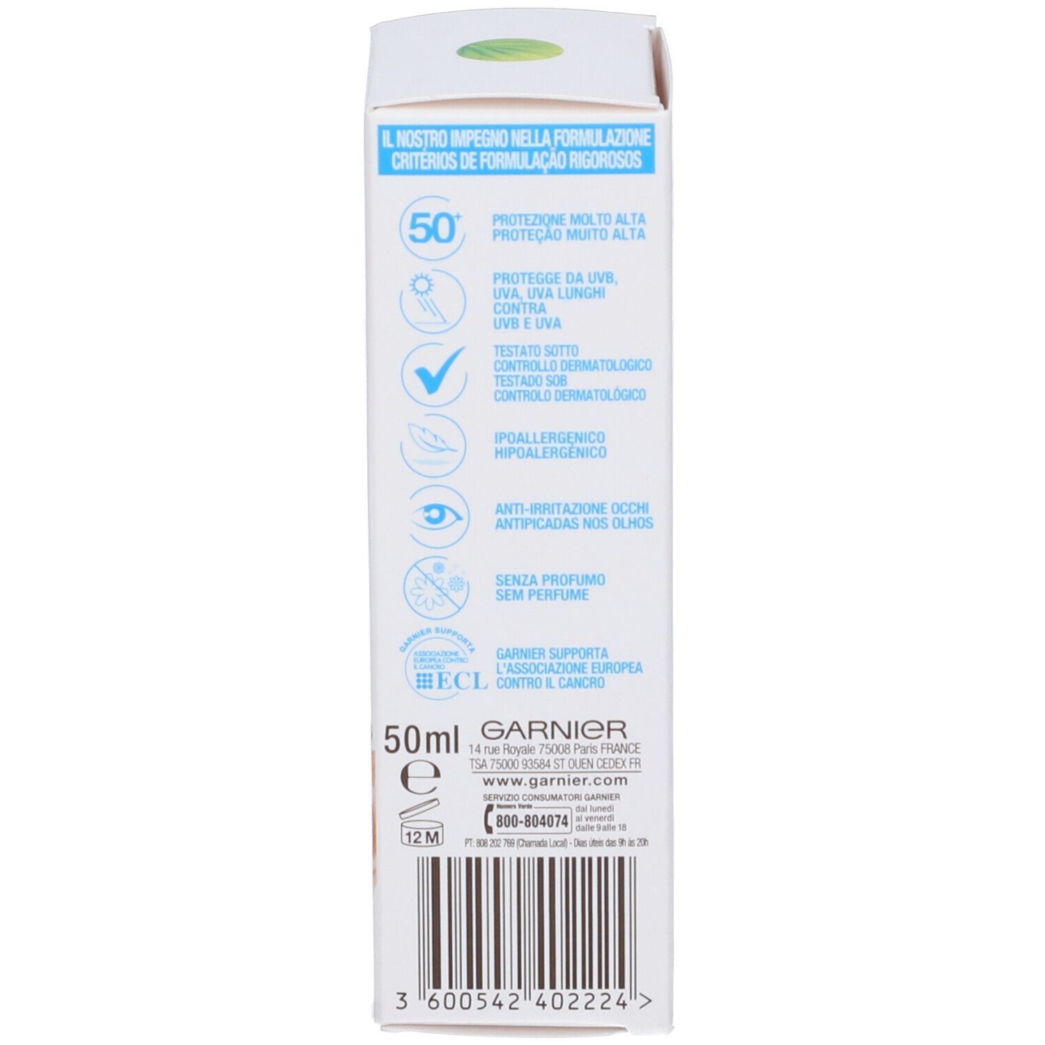 Confezione Garnier Ambre Solaire. Informazioni su protezione, ingredienti e certificazioni.