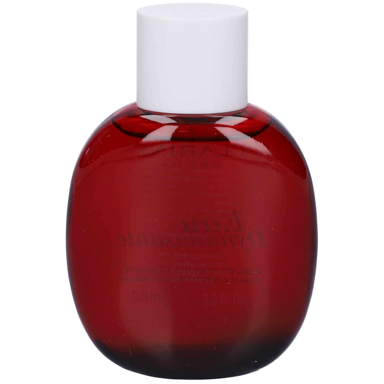 Flacone rotondo rosso con tappo bianco. Retro senza testo. Flacone riempito di liquido rosso.