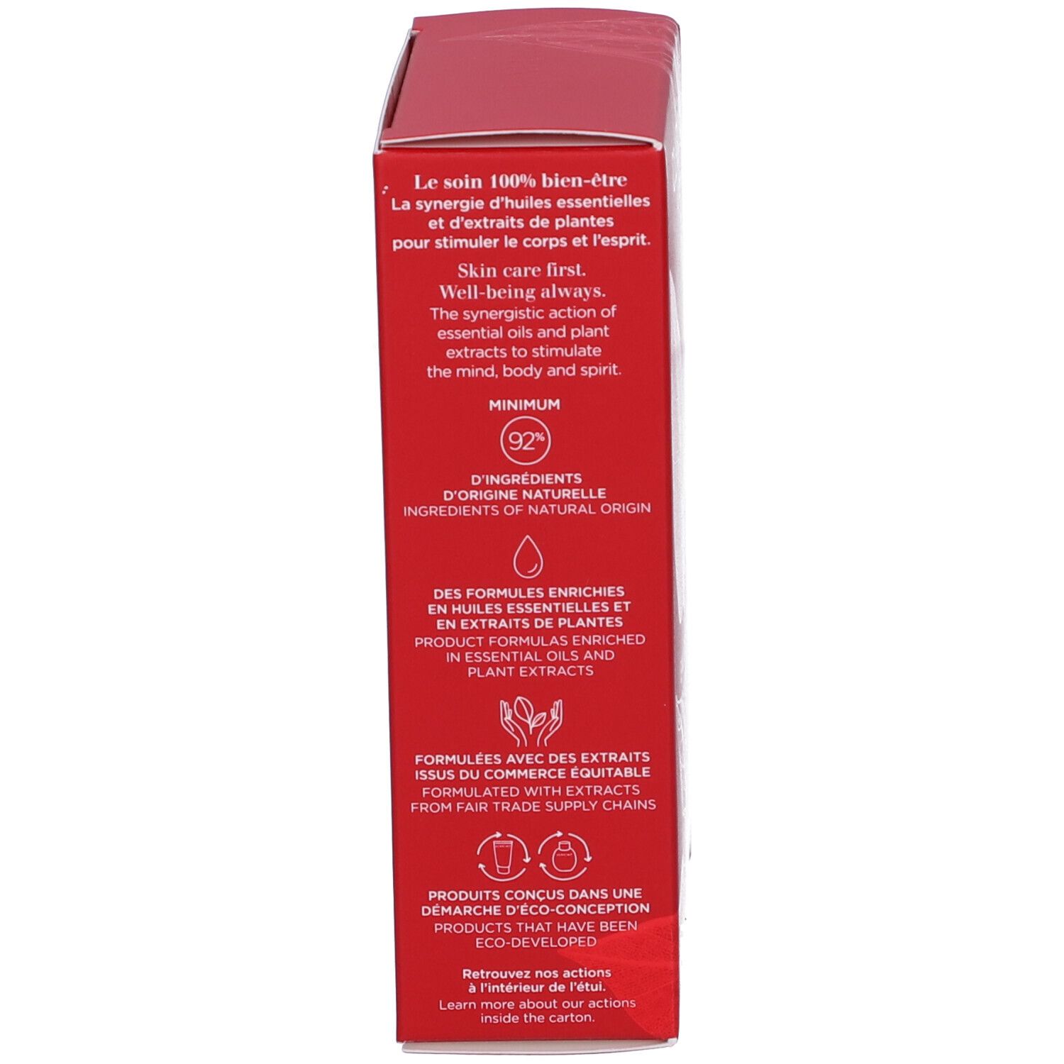 Scatola rossa, vista laterale. Testo sugli ingredienti, origine naturale e commercio equo e solidale. Almeno il 92% di ingredienti naturali.