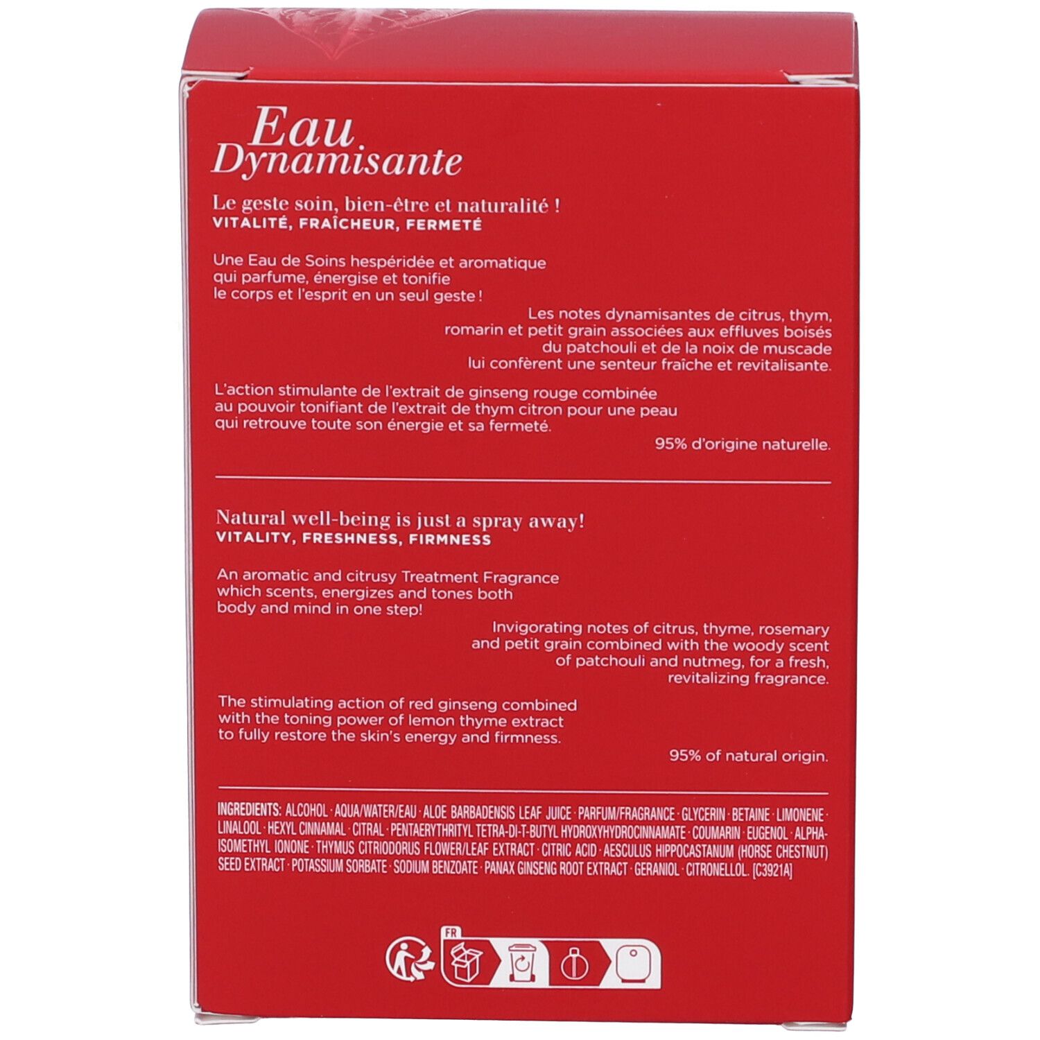 Scatola rossa, testo sugli ingredienti e gli effetti del prodotto. 95% di origine naturale.