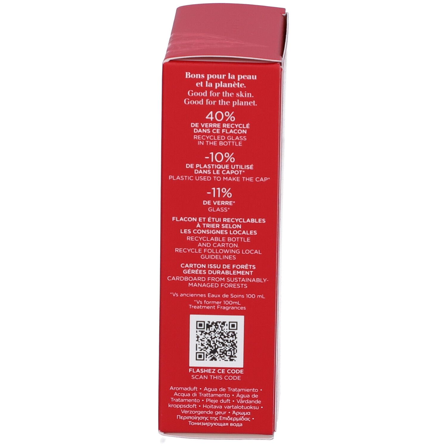 Scatola rossa, testo sul riciclaggio e la sostenibilità. Codice QR da scansionare. 40% di vetro riciclato.