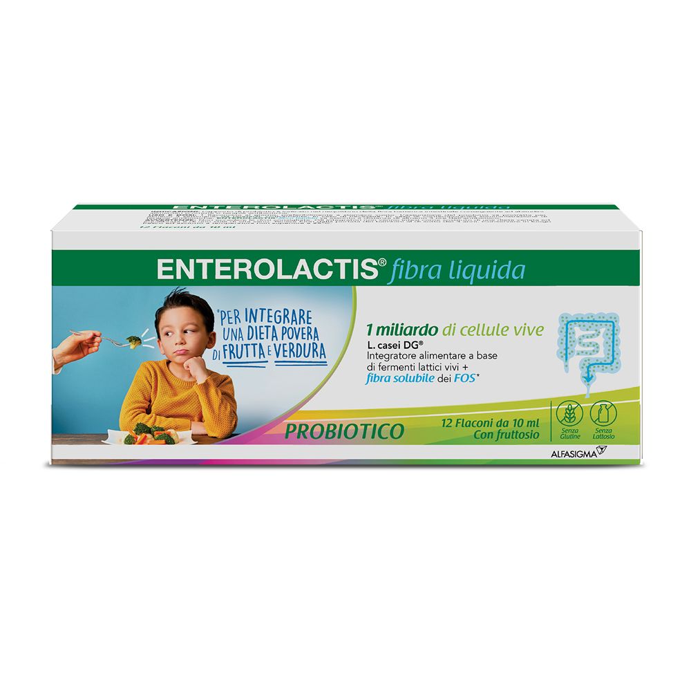 Verpackung von Enterolactis Flüssige Ballaststoffe. 12 Fläschchen, Abbildung eines Kindes, das Gemüse verweigert.
