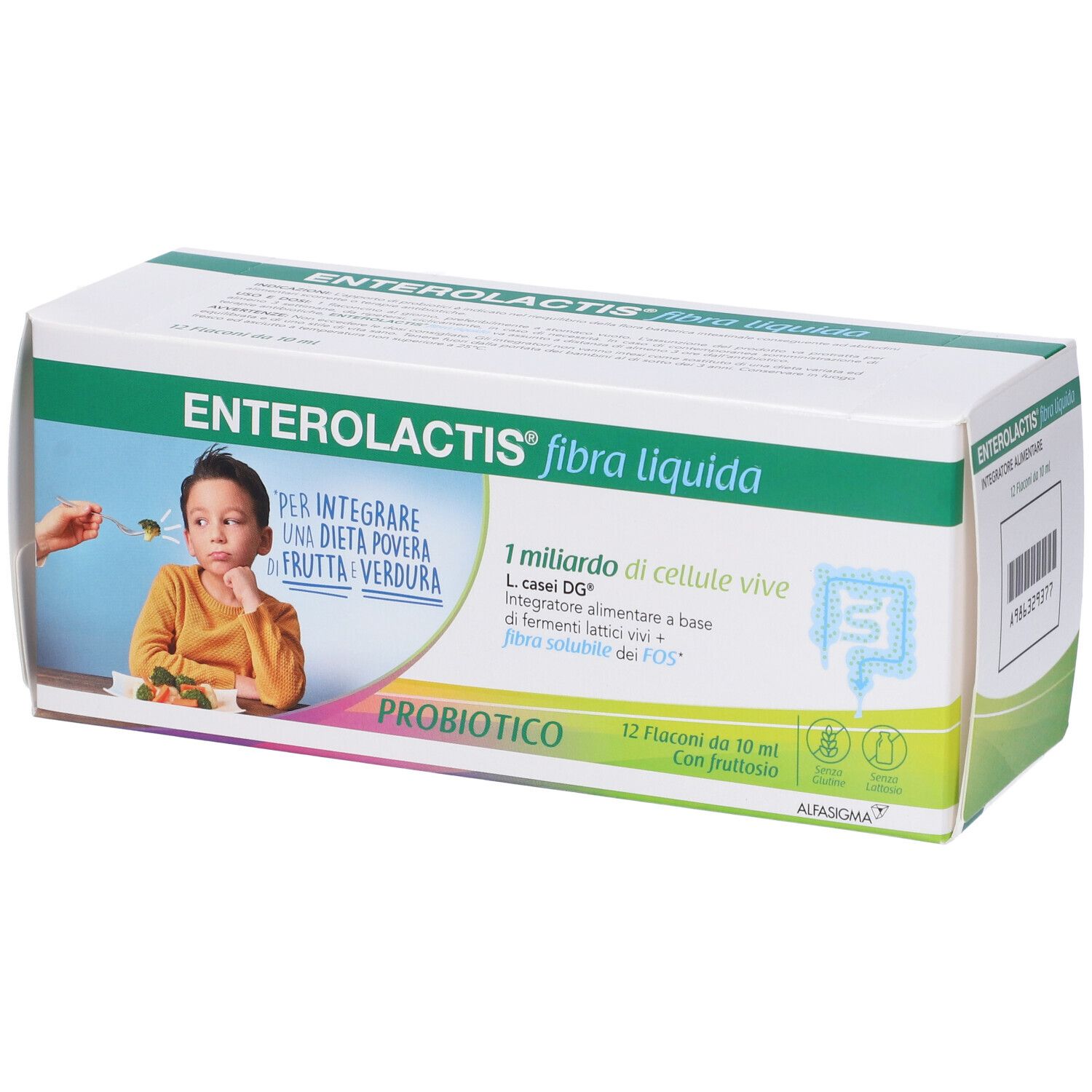 Verpackung von Enterolactis Flüssige Ballaststoffe. 12 Fläschchen, Abbildung eines Kindes, das Gemüse verweigert.