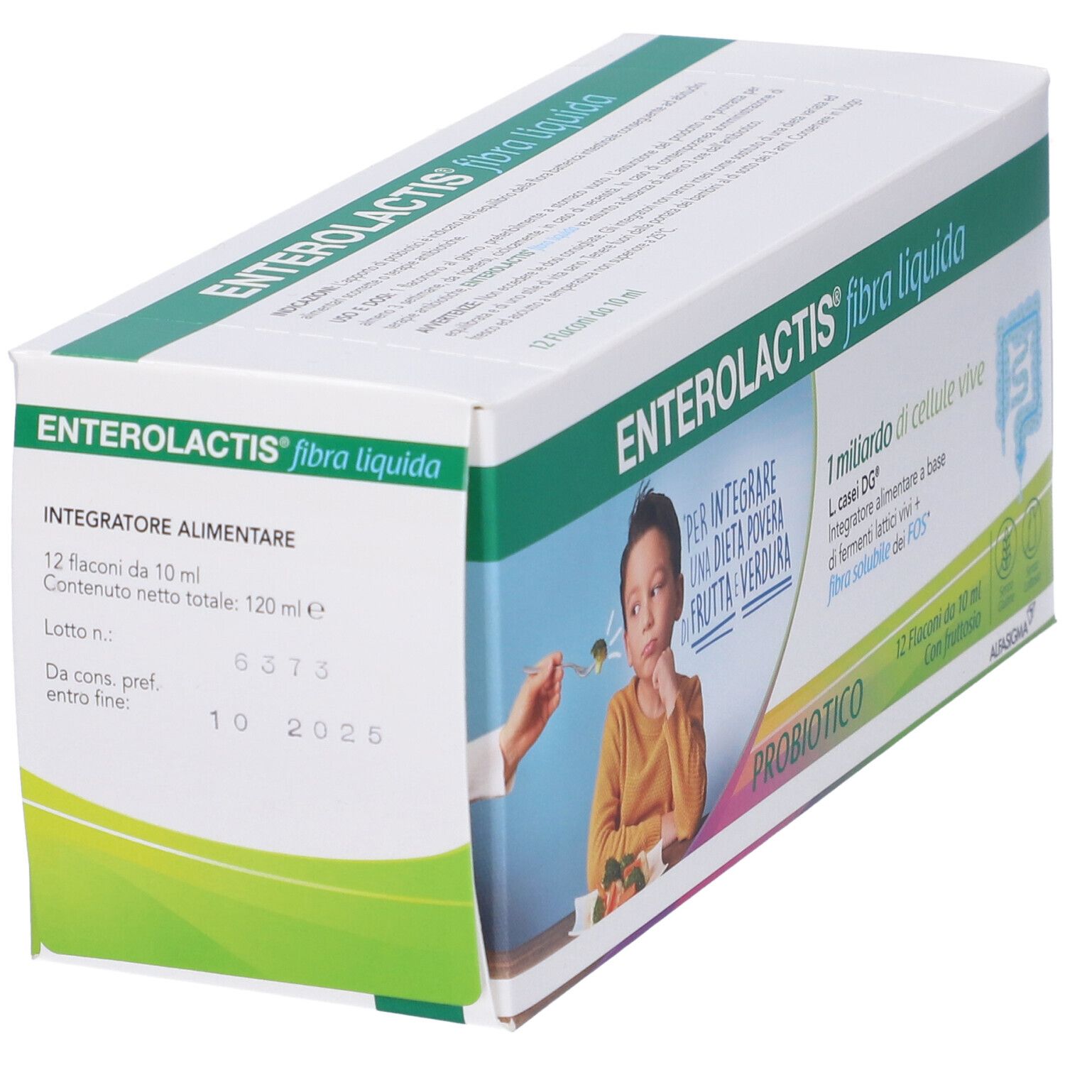 Verpackung von Enterolactis Flüssige Ballaststoffe. 12 Fläschchen, Seitenansicht. Text und Produktabbildung.