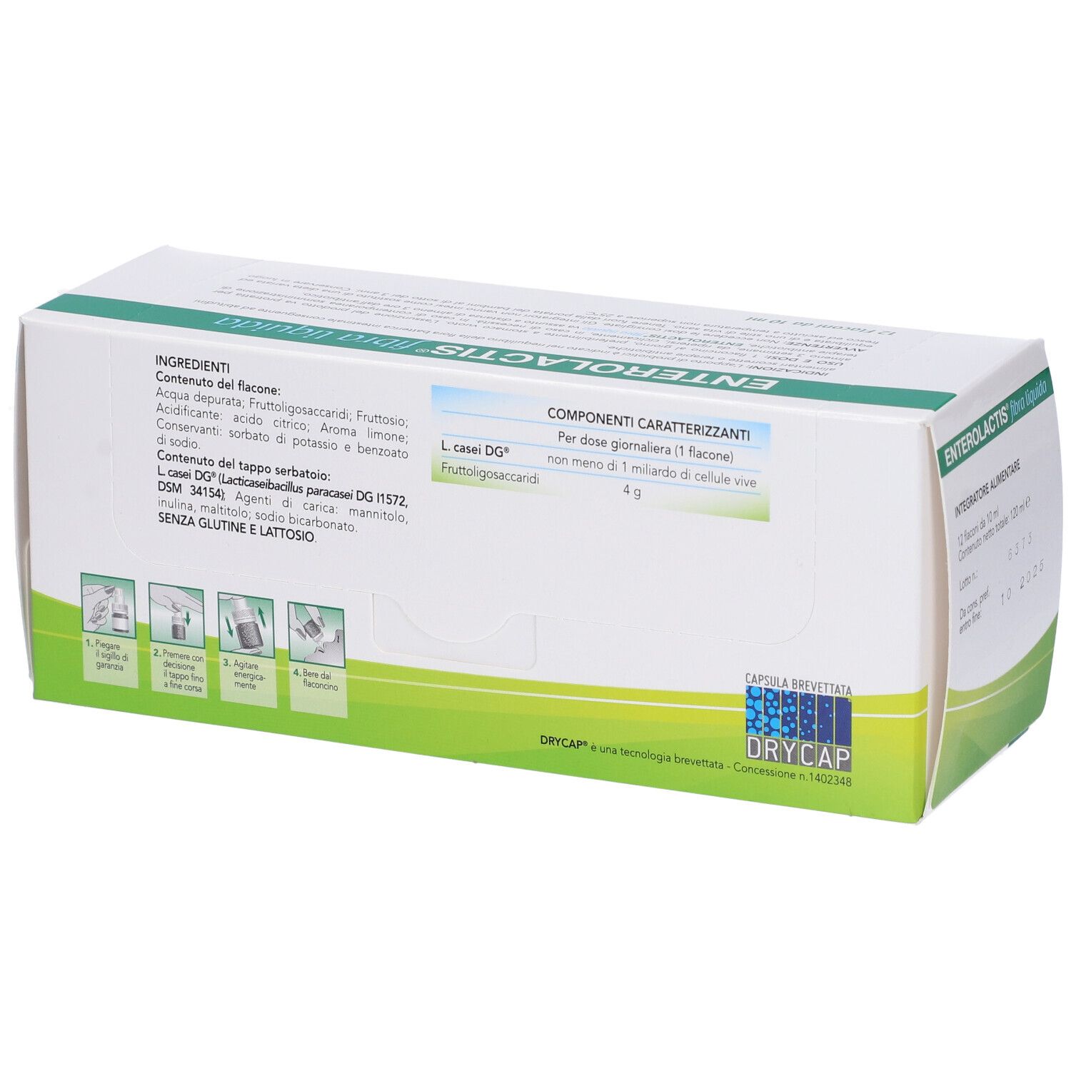 Rückseite der Verpackung von Enterolactis Flüssige Ballaststoffe. Inhaltsstoffe und Informationen.