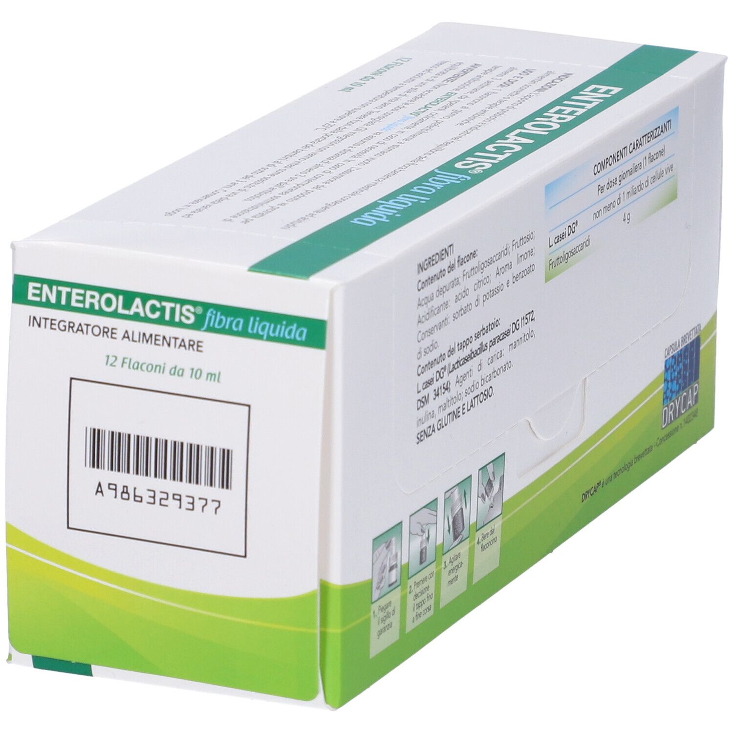 Seitenansicht der Verpackung von Enterolactis Flüssige Ballaststoffe. Barcode und Informationen.