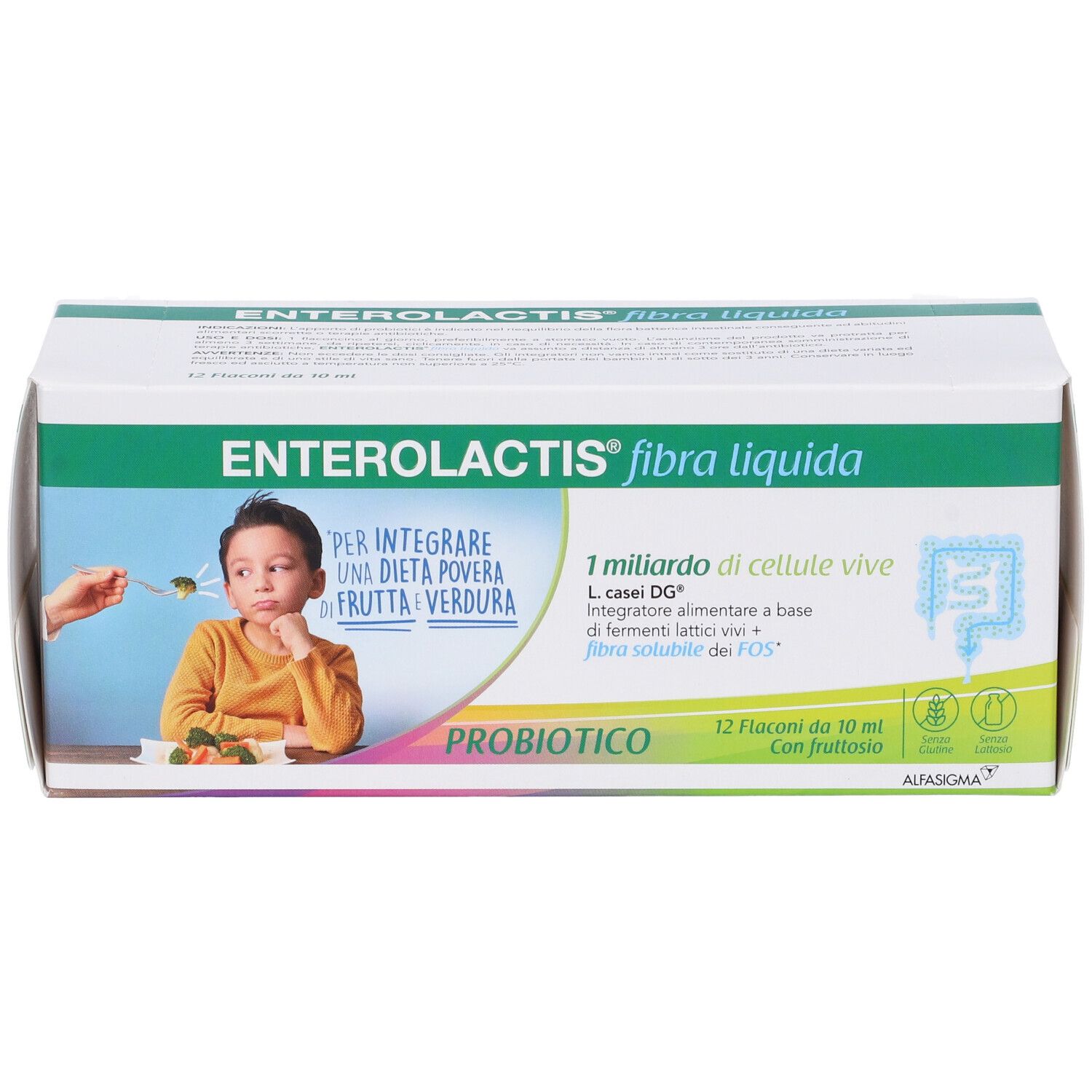 Verpackung von Enterolactis Flüssige Ballaststoffe. 12 Fläschchen, Abbildung eines Kindes, das Gemüse verweigert.