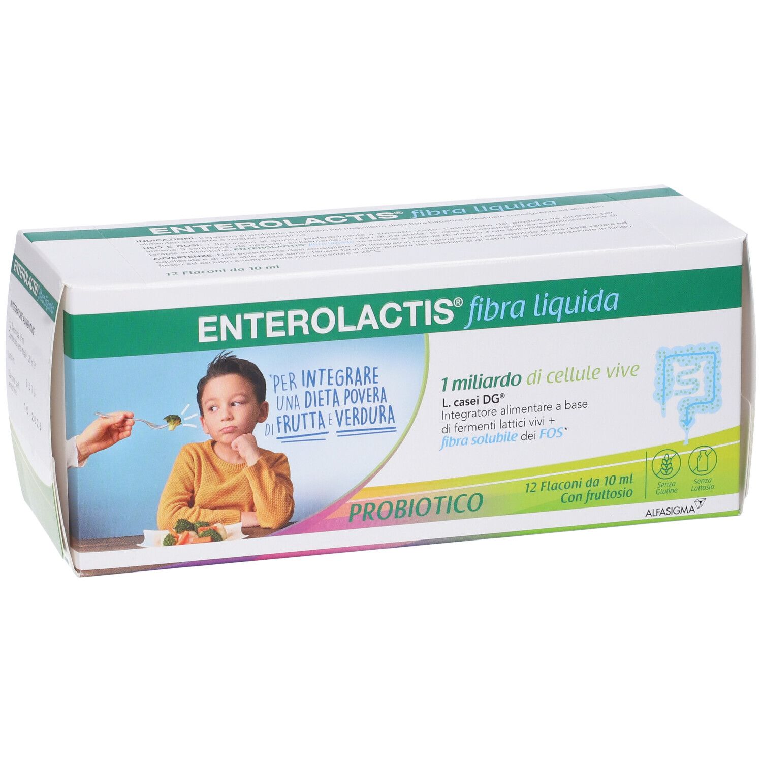 Verpackung von Enterolactis Flüssige Ballaststoffe. 12 Fläschchen, Abbildung eines Kindes, das Gemüse verweigert.