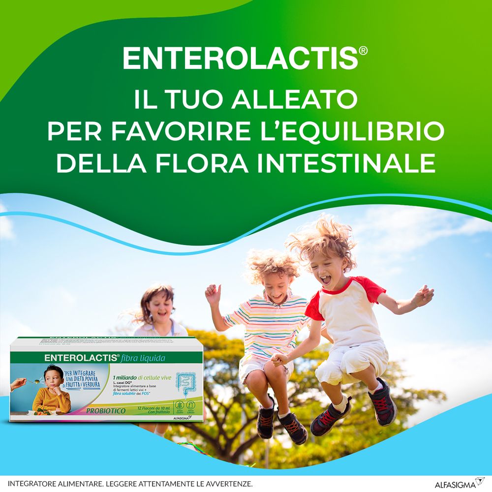 Werbung für Enterolactis Flüssige Ballaststoffe. Kinder springen vor Freude. Text: 'Dein Verbündeter für das Gleichgewicht der Darmflora'.
