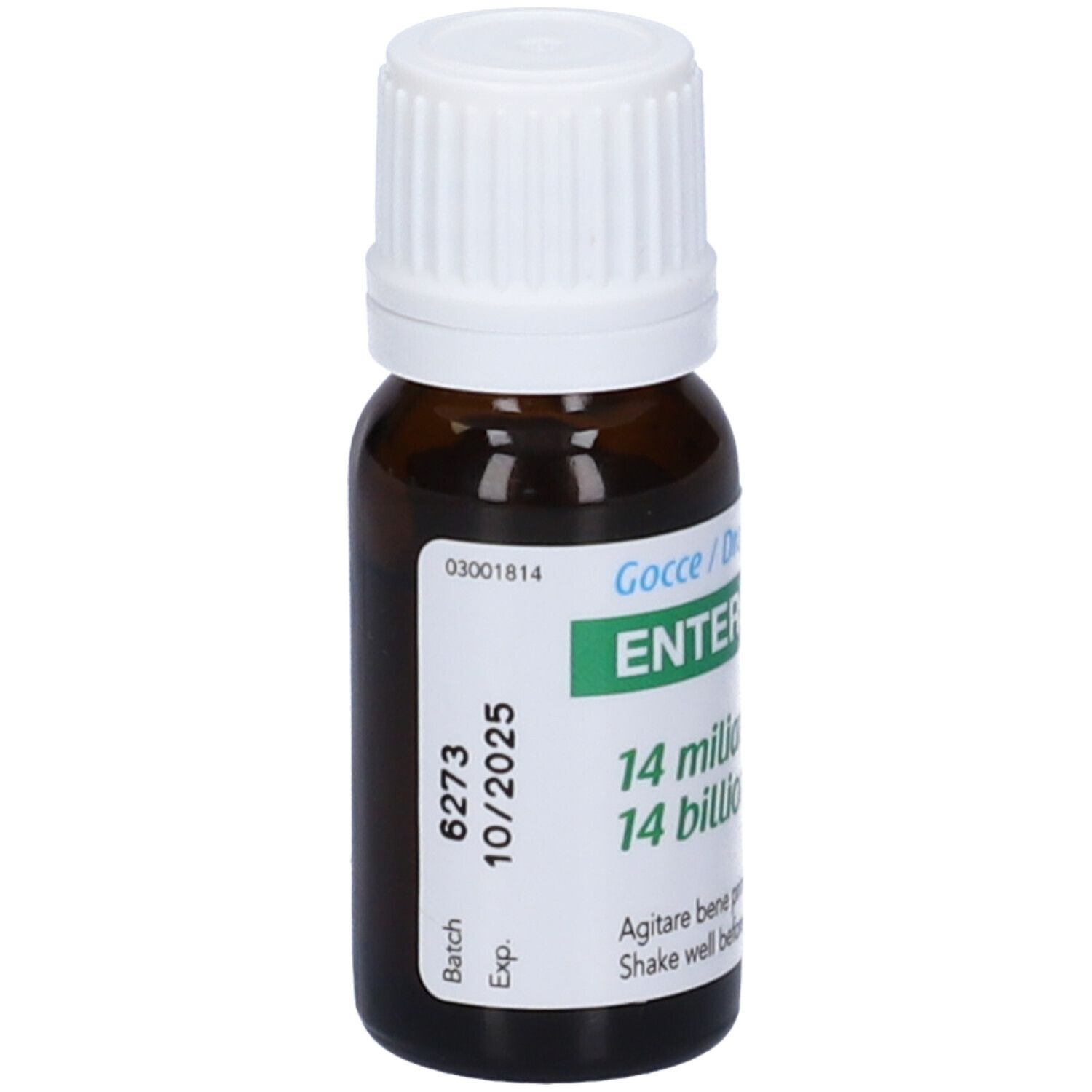 Flacone contagocce marrone con tappo bianco. Etichetta con testo. Nome del prodotto e data di scadenza.