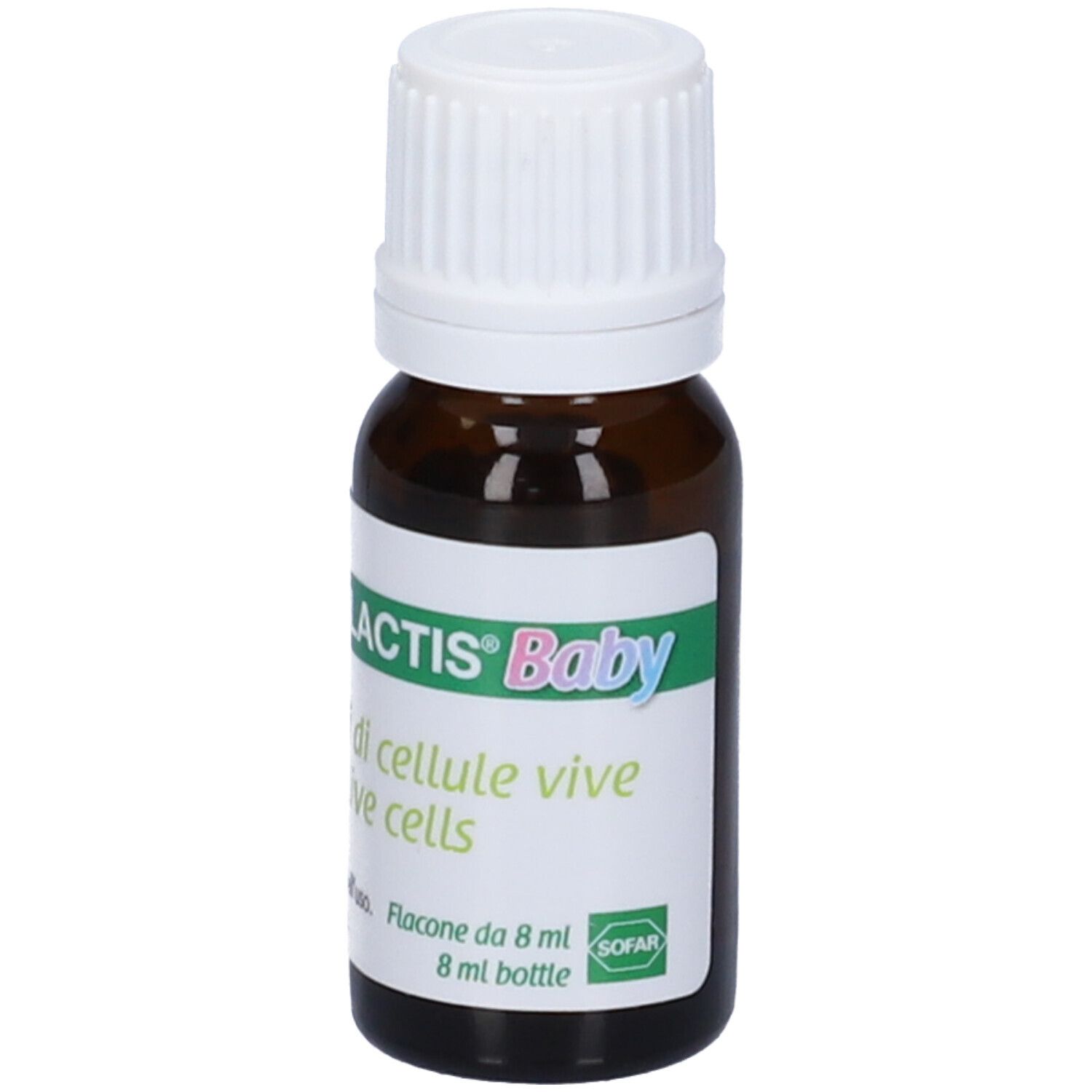 Flacone contagocce marrone con tappo bianco. Etichetta con nome del prodotto e volume.