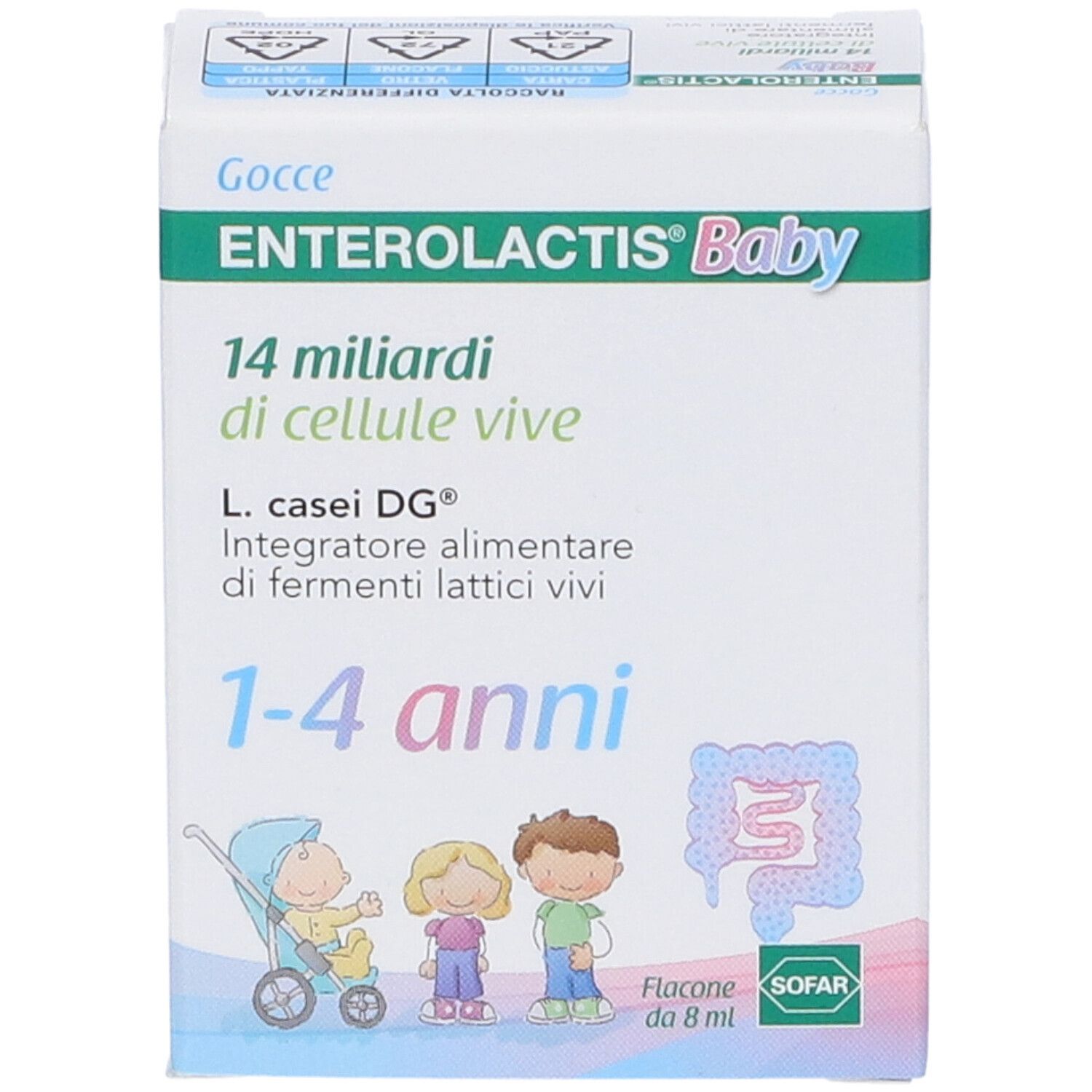 Confezione del prodotto con testo e illustrazioni. Nome prodotto: Enterolactis Baby 1-4 Anni Gocce.