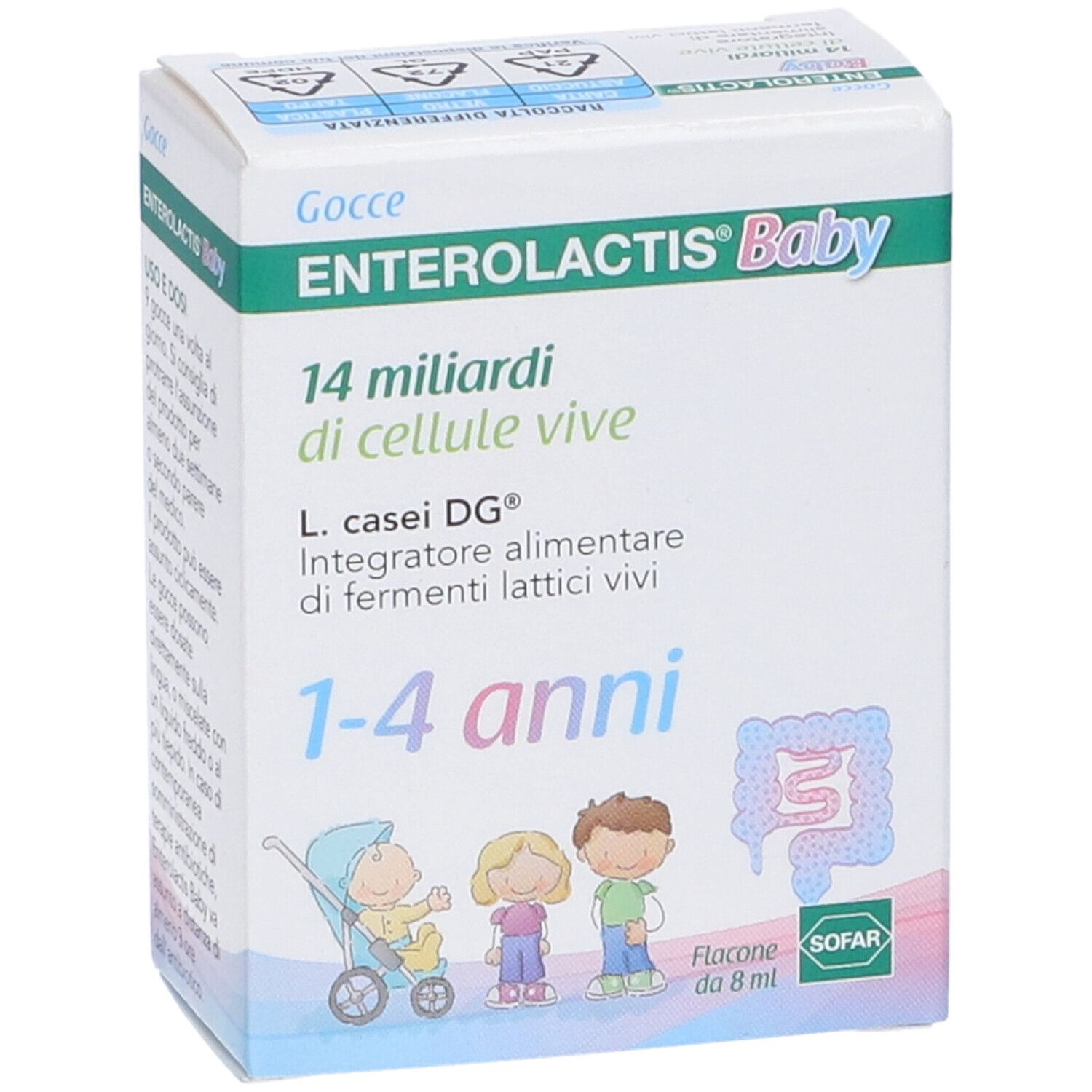 Confezione del prodotto con testo e illustrazioni. Nome prodotto: Enterolactis Baby 1-4 Anni Gocce.
