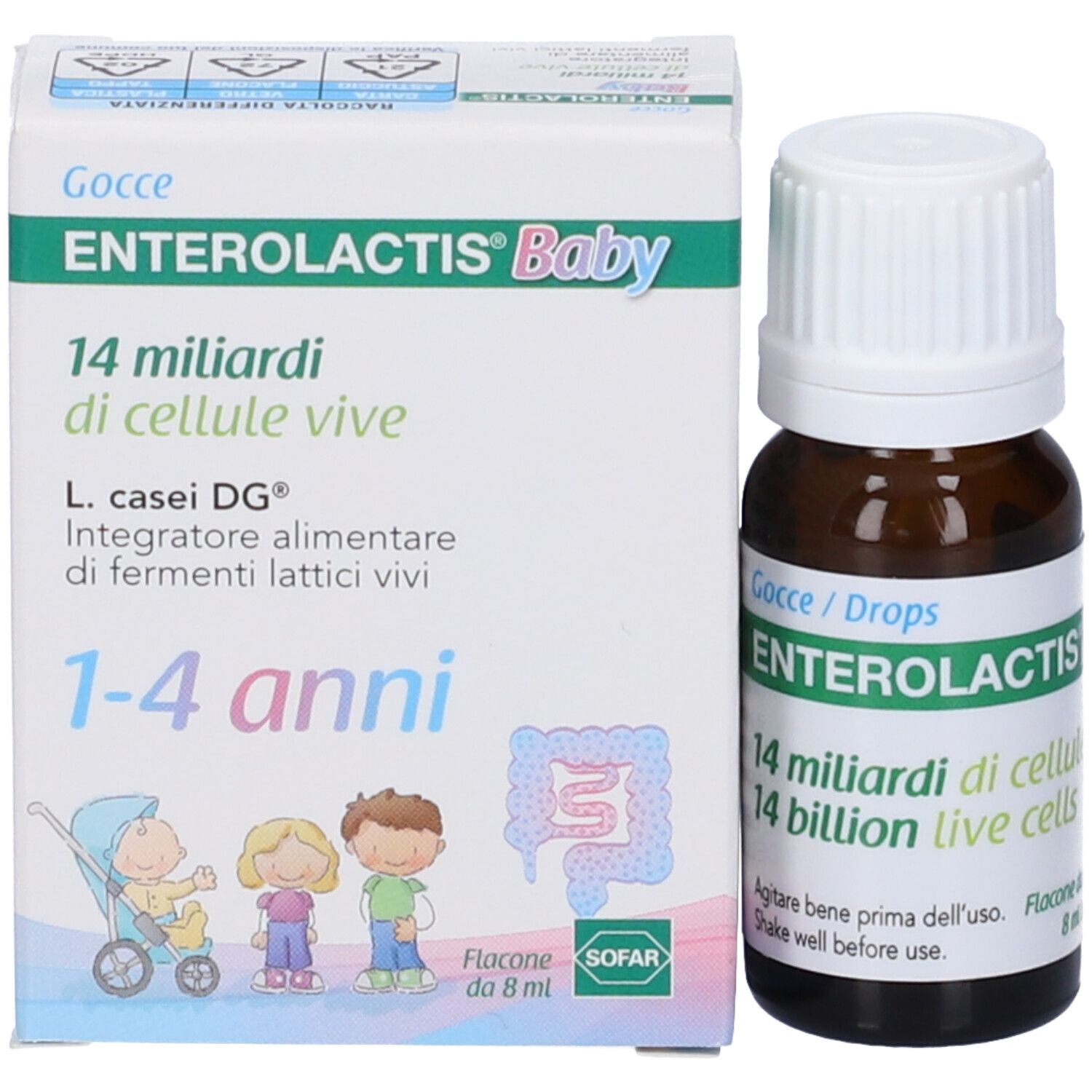 Confezione del prodotto e flacone contagocce. Nome prodotto: Enterolactis Baby. Flacone da 8 ml.