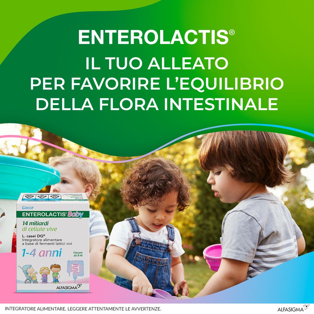 Bambini che giocano all'aperto. Confezione del prodotto sullo sfondo. Testo: Enterolactis Baby, per l'equilibrio della flora intestinale.